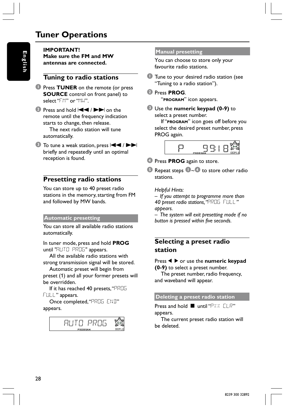 Tuner operations, Auto prog, Tuning to radio stations 1 | Presetting radio stations, Selecting a preset radio station | Philips 78 User Manual | Page 28 / 37