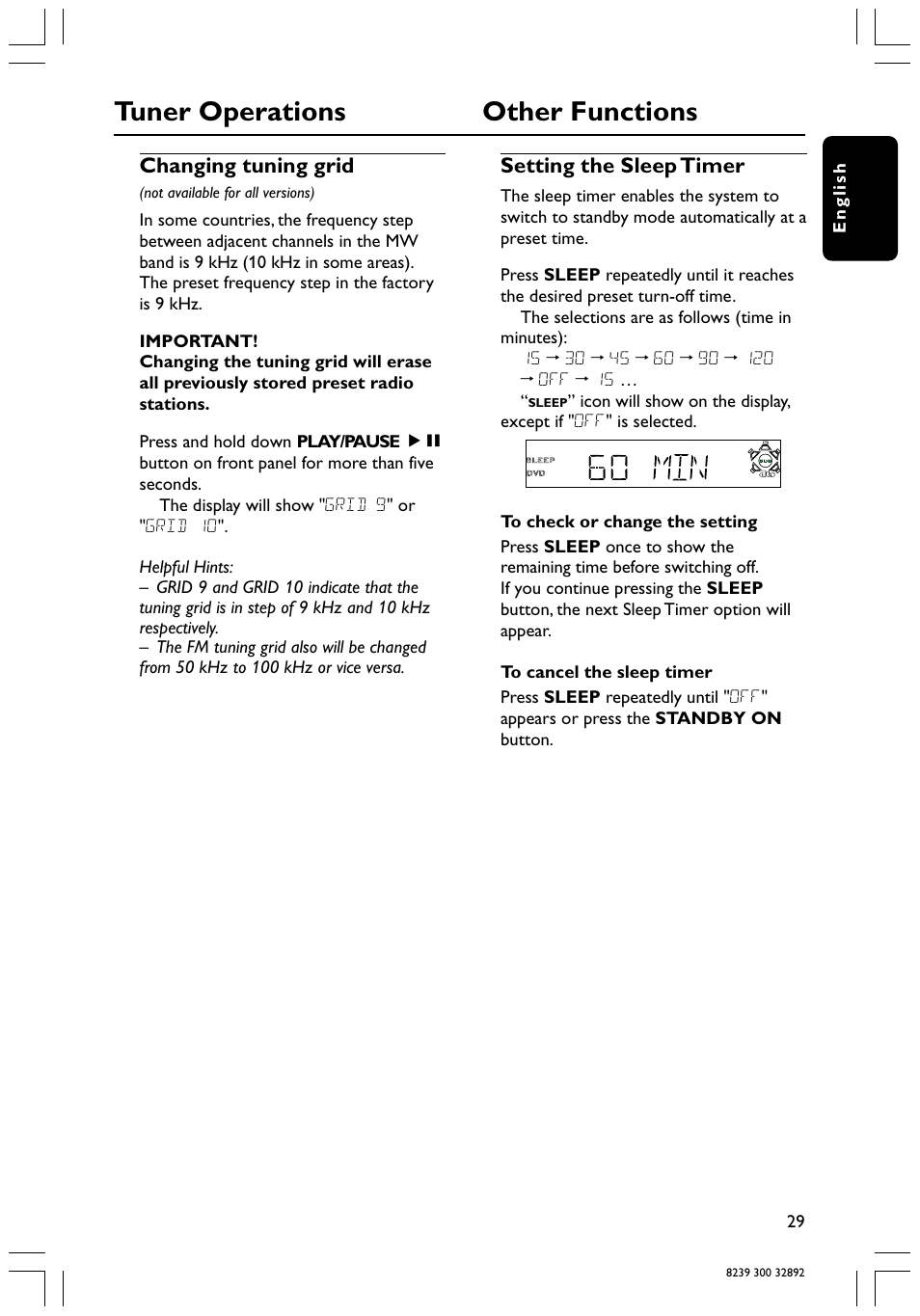 Tuner operations other functions, Changing tuning grid, Setting the sleep timer | Philips 78 User Manual | Page 29 / 37