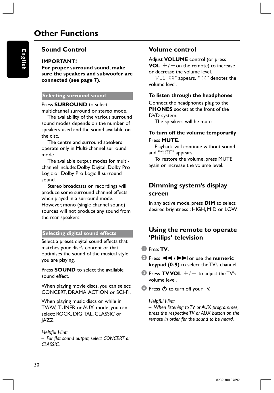 Other functions, Sound control, Volume control | Dimming system’s display screen, Using the remote to operate ‘philips’ television 1 | Philips 78 User Manual | Page 30 / 37