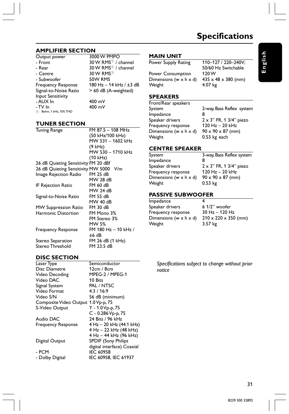 Specifications | Philips 78 User Manual | Page 31 / 37