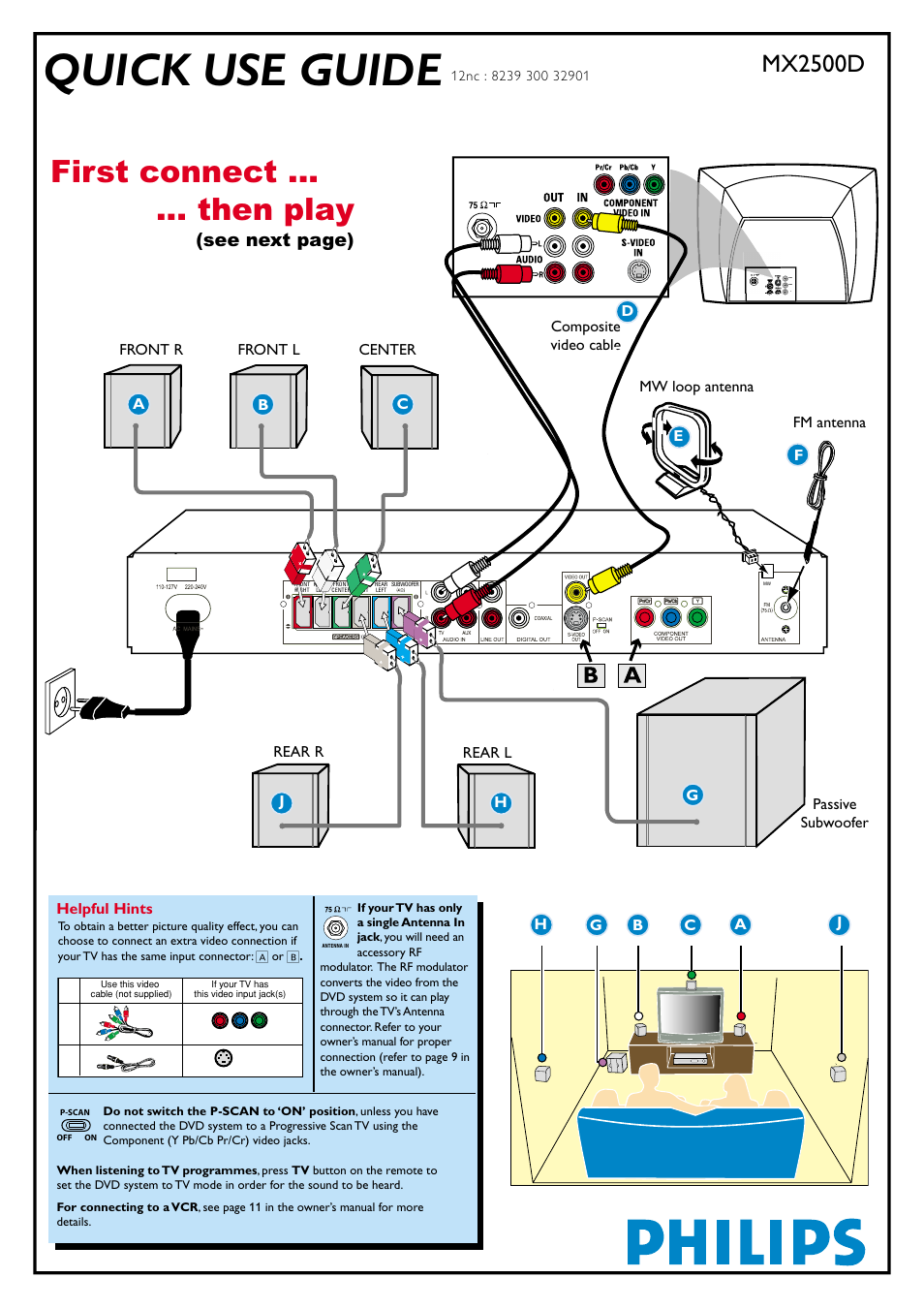 Quick use guide, First connect ... ... then play, Mx2500d | See next page), Front r passive subwoofer d helpful hints | Philips 78 User Manual | Page 36 / 37