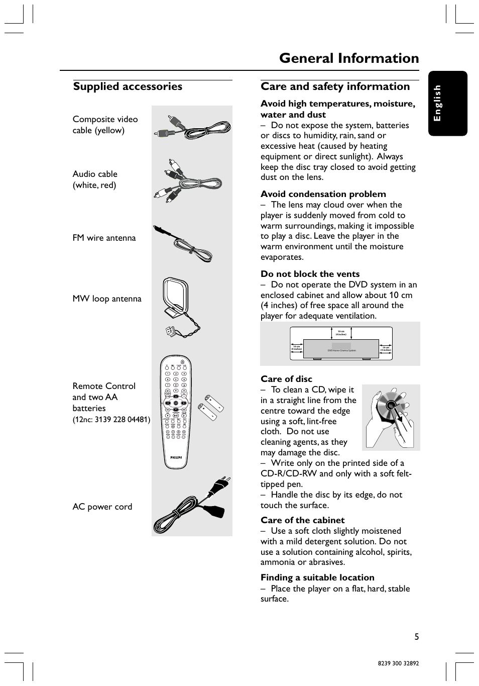 General information, Supplied accessories care and safety information, English 5 | Ac power cord | Philips 78 User Manual | Page 5 / 37