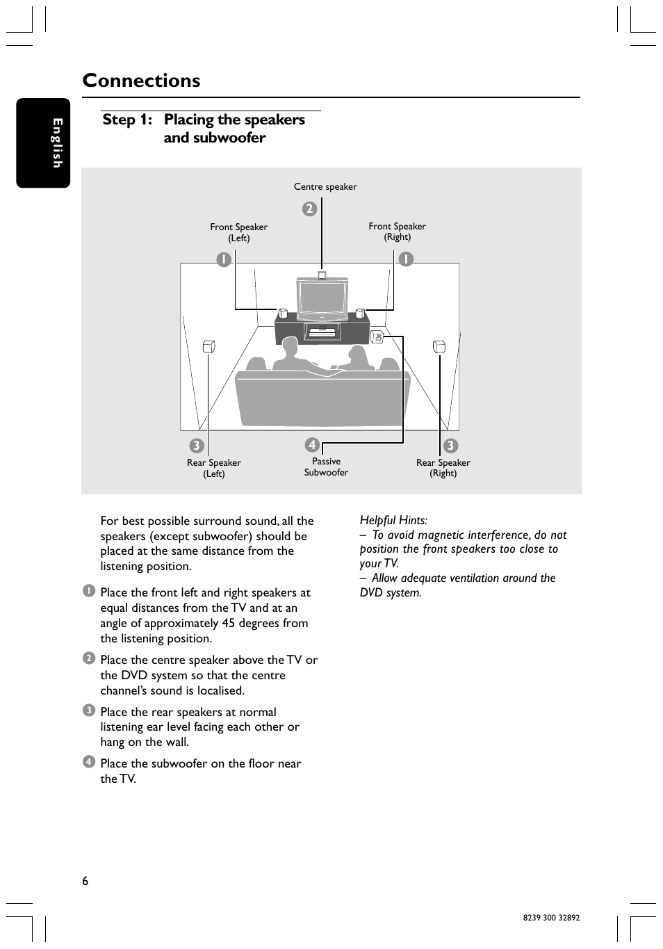 Connections, Step 1: placing the speakers and subwoofer | Philips 78 User Manual | Page 6 / 37