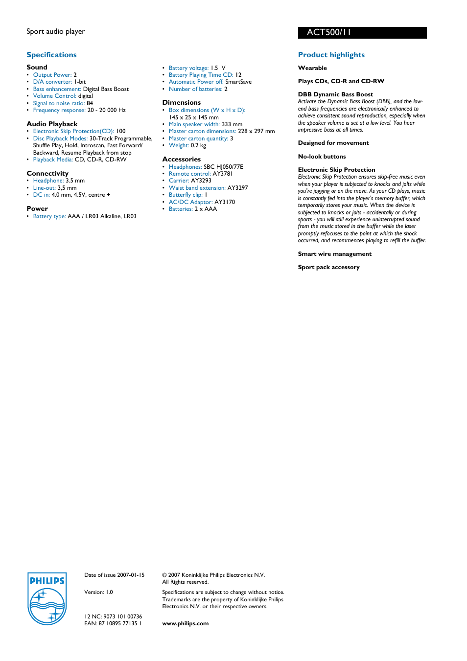 Philips ACT500/11 User Manual | Page 2 / 2