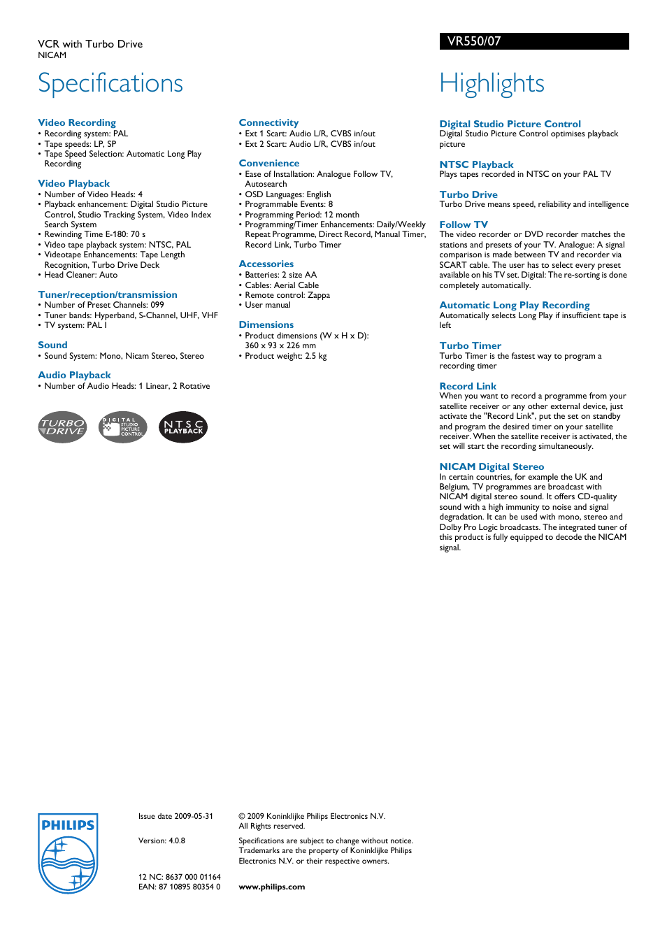 Specifications, Highlights | Philips VR550 User Manual | Page 2 / 2