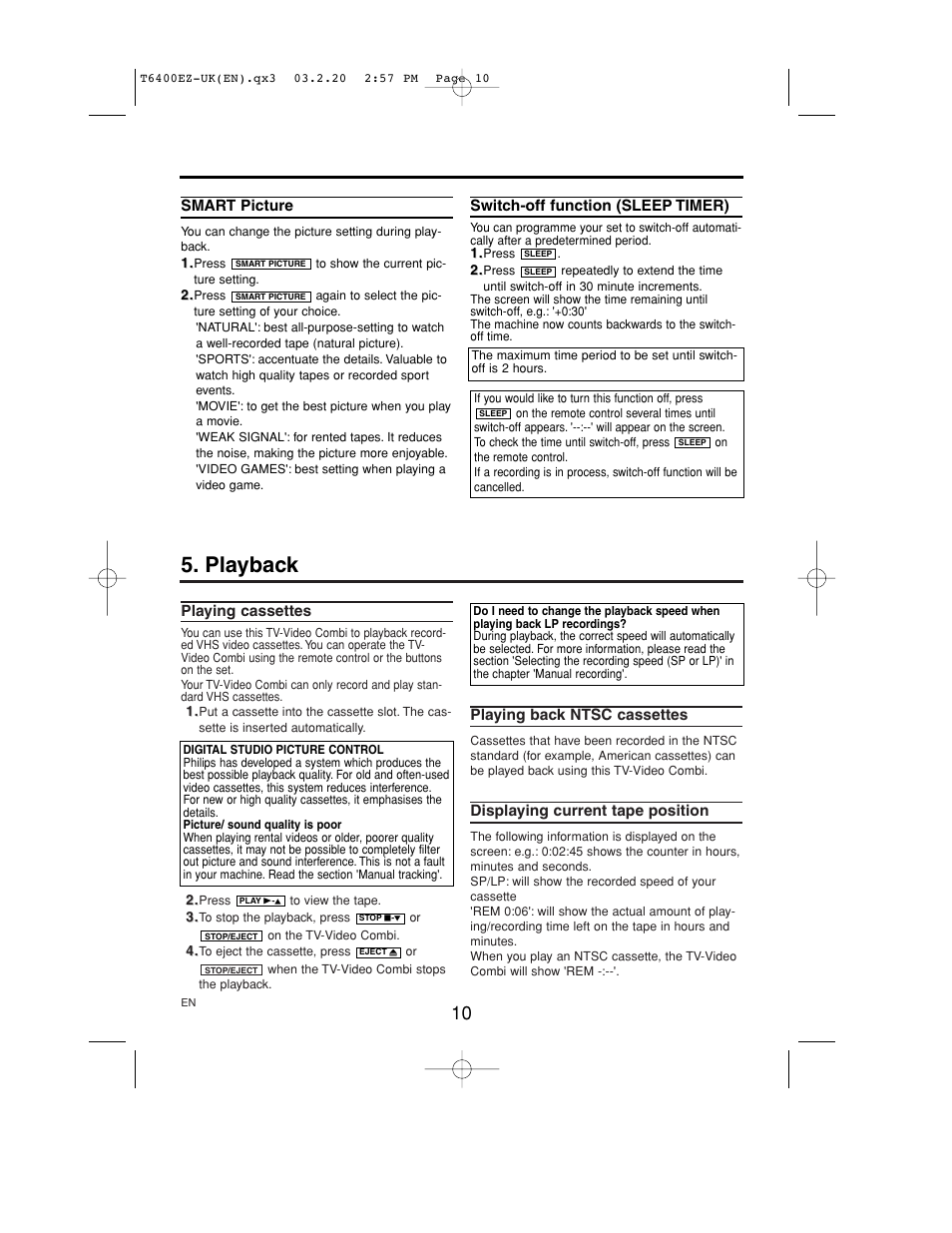 Smart picture, Switch off function (sleep timer), Playback | Playing cassettes, Playing back ntsc cassettes, Displaying current tape position | Philips TV-Video Combi 21PV375/07 User Manual | Page 12 / 20