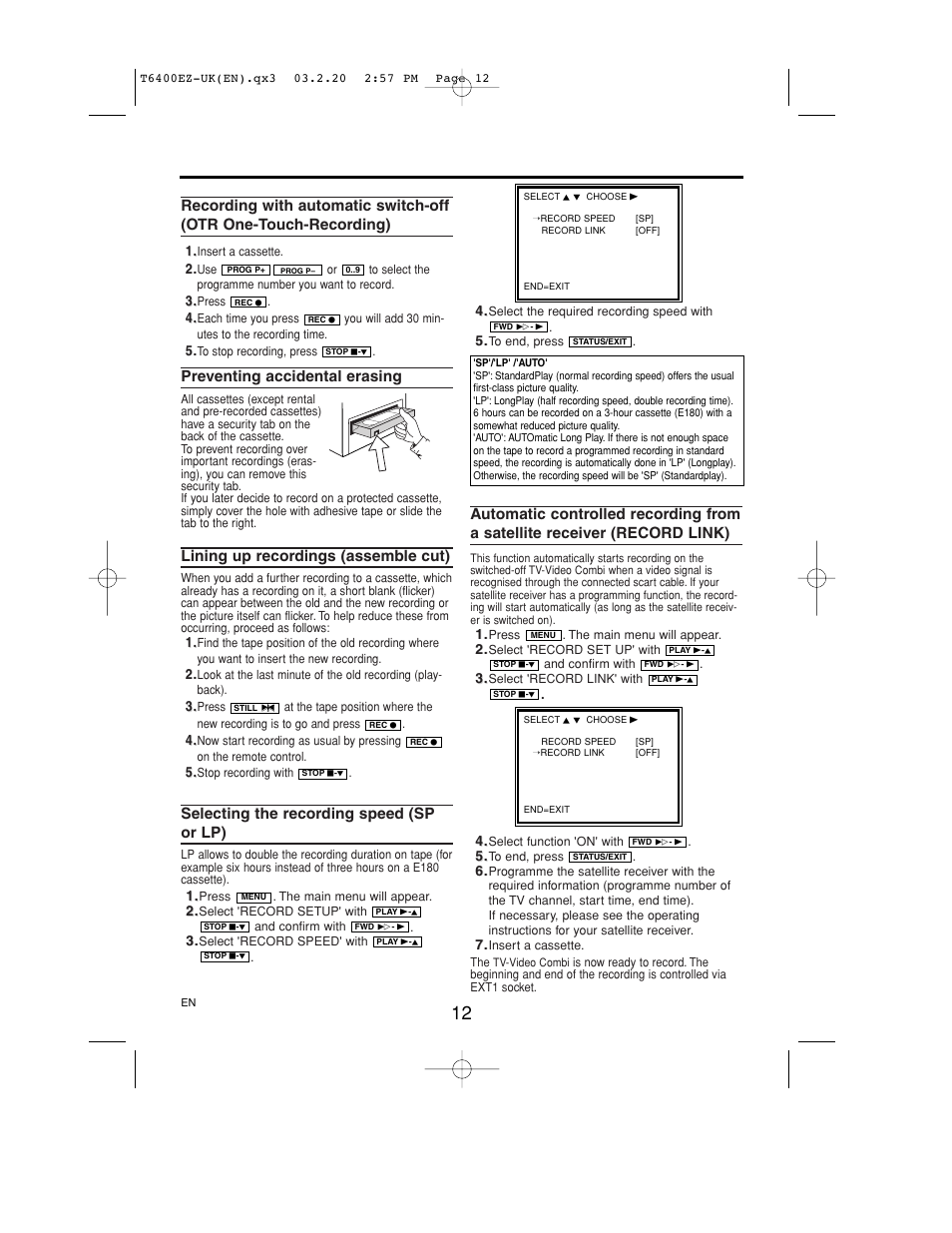 Recording with automatic switch-off, Otr one-touch-recording), Preventing accidental erasing | Lining up recordings (assemble cut), Selecting the recording speed (sp or lp) | Philips TV-Video Combi 21PV375/07 User Manual | Page 14 / 20