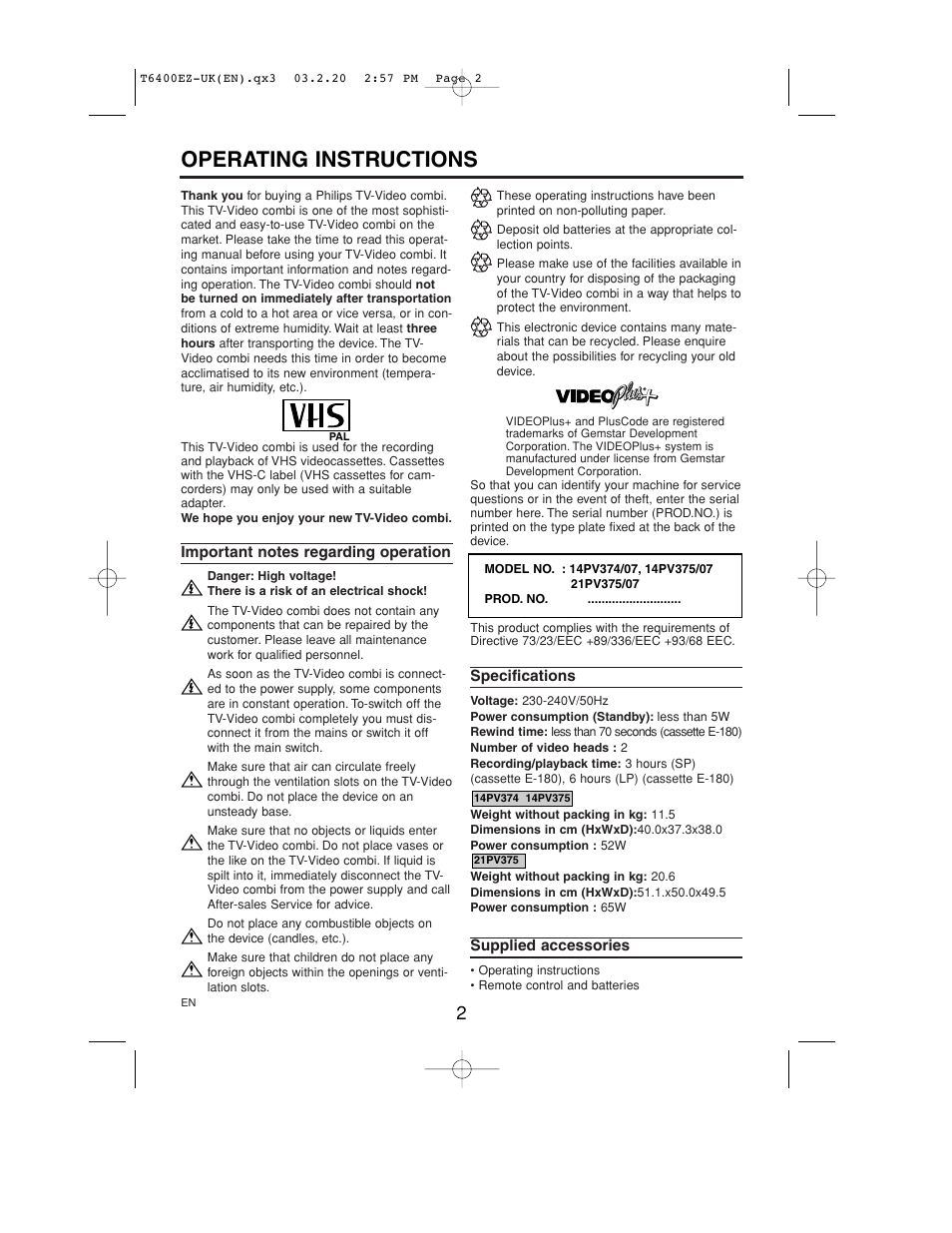 Operating instructions | Philips TV-Video Combi 21PV375/07 User Manual | Page 3 / 20