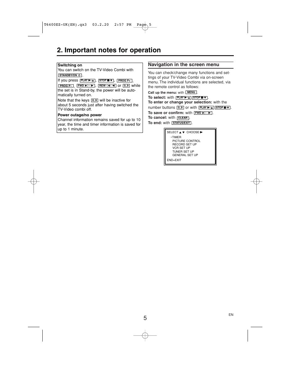 Important notes for operation, Navigation in the screen menu | Philips TV-Video Combi 21PV375/07 User Manual | Page 7 / 20