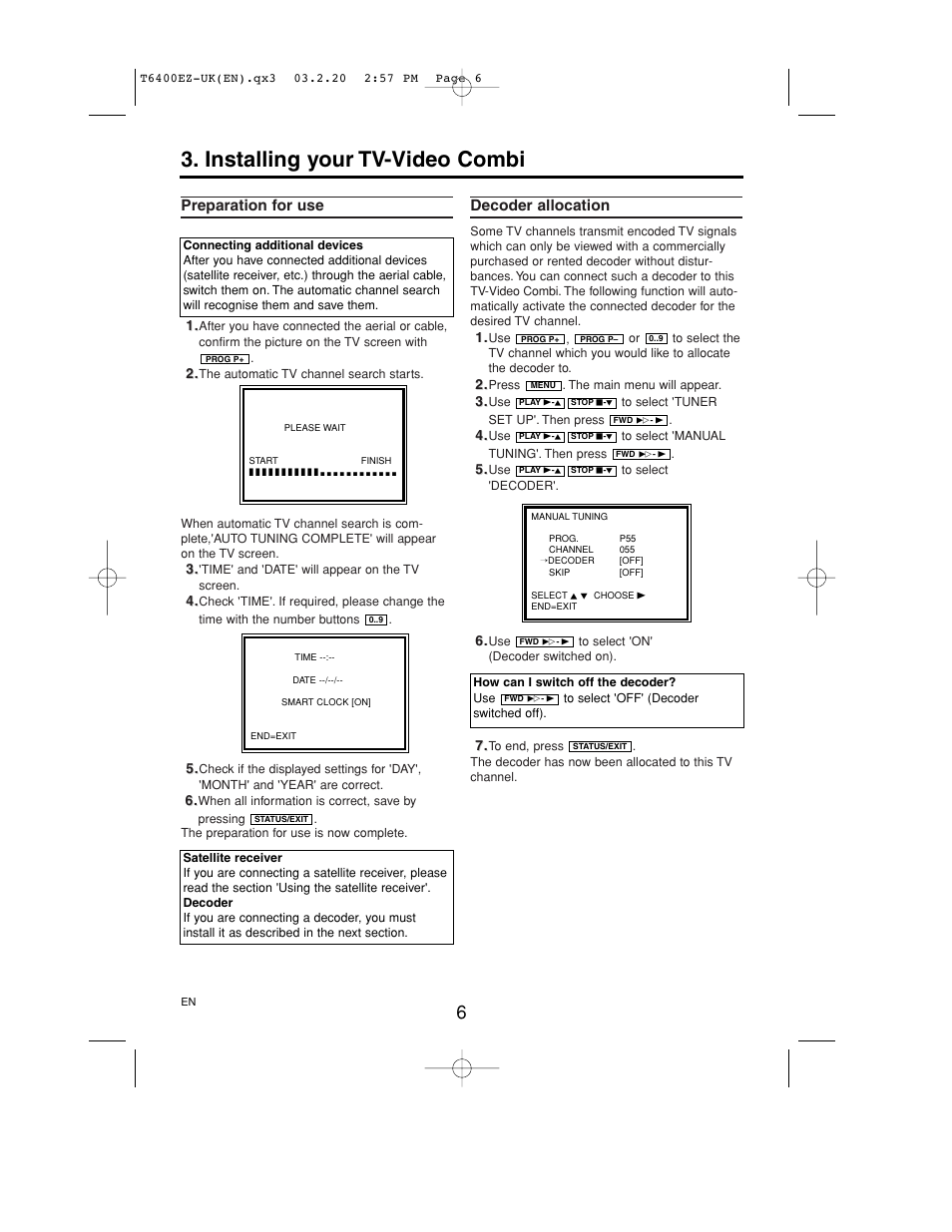 Installing your tv-video combi, Preparation for use, Decoder allocation | Philips TV-Video Combi 21PV375/07 User Manual | Page 8 / 20