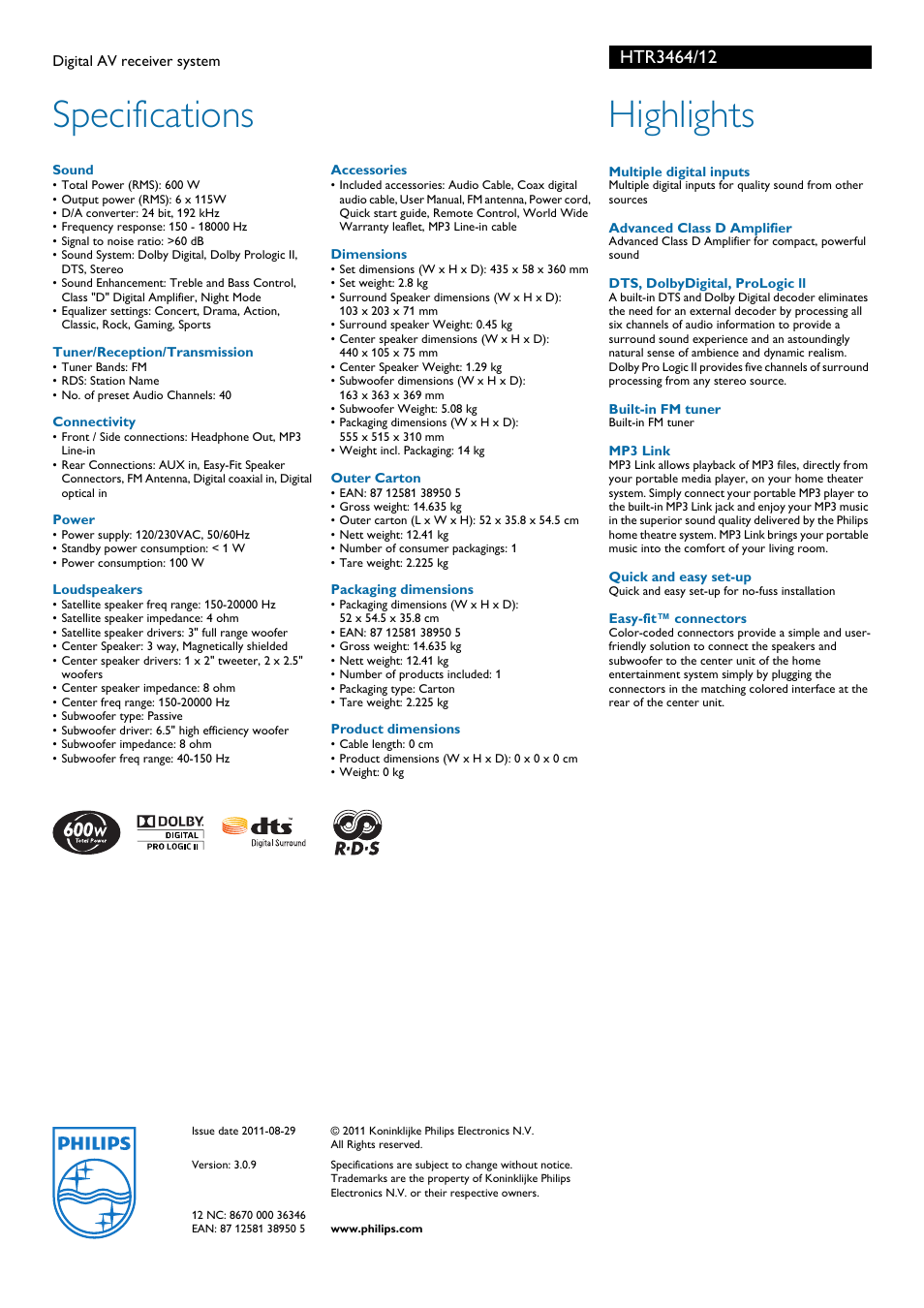 Specifications, Highlights | Philips HTR3464 User Manual | Page 2 / 2
