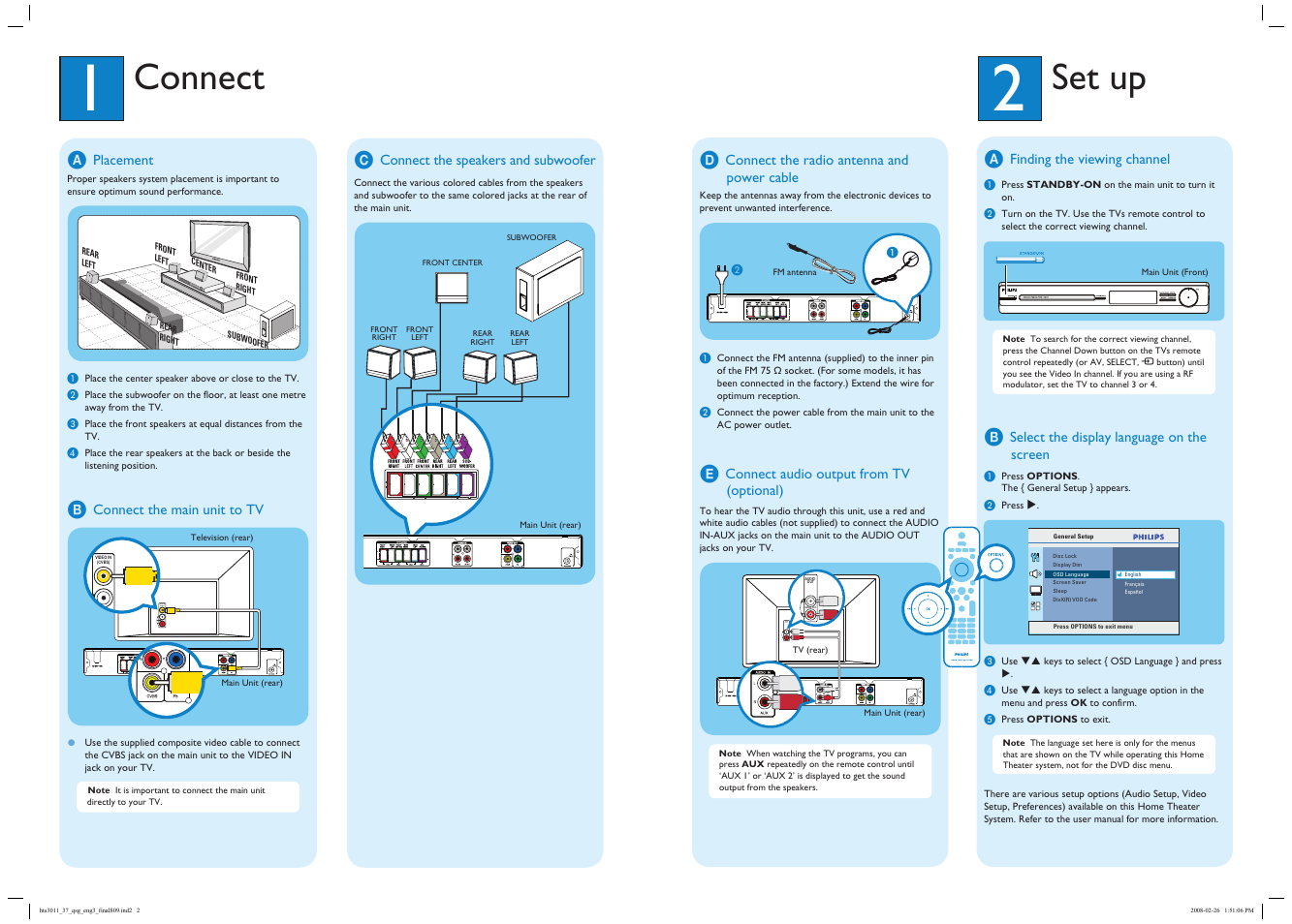 Connect, Set up, Video in (cvbs) | Audio out audio in, Audio out | Philips HTS3011 User Manual | Page 2 / 2