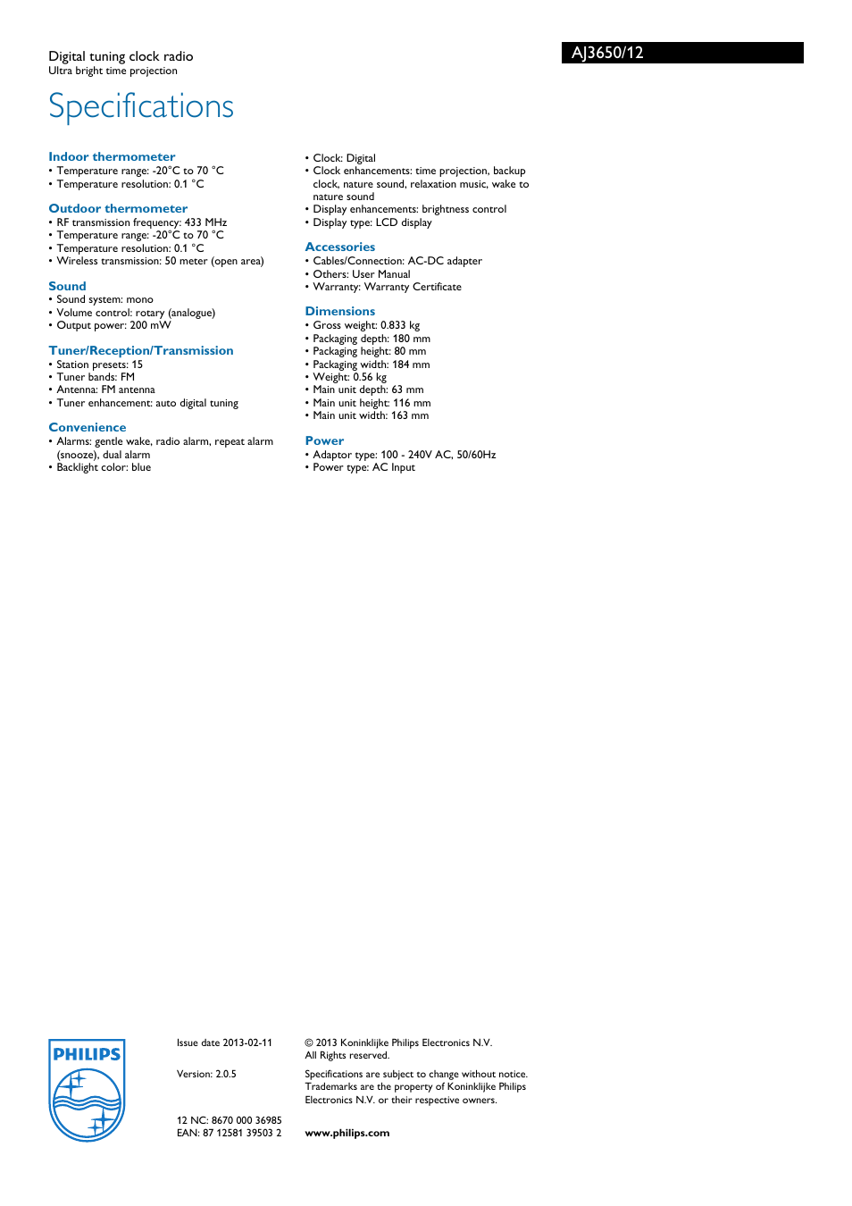 Specifications | Philips AJ3650/12 User Manual | Page 3 / 3