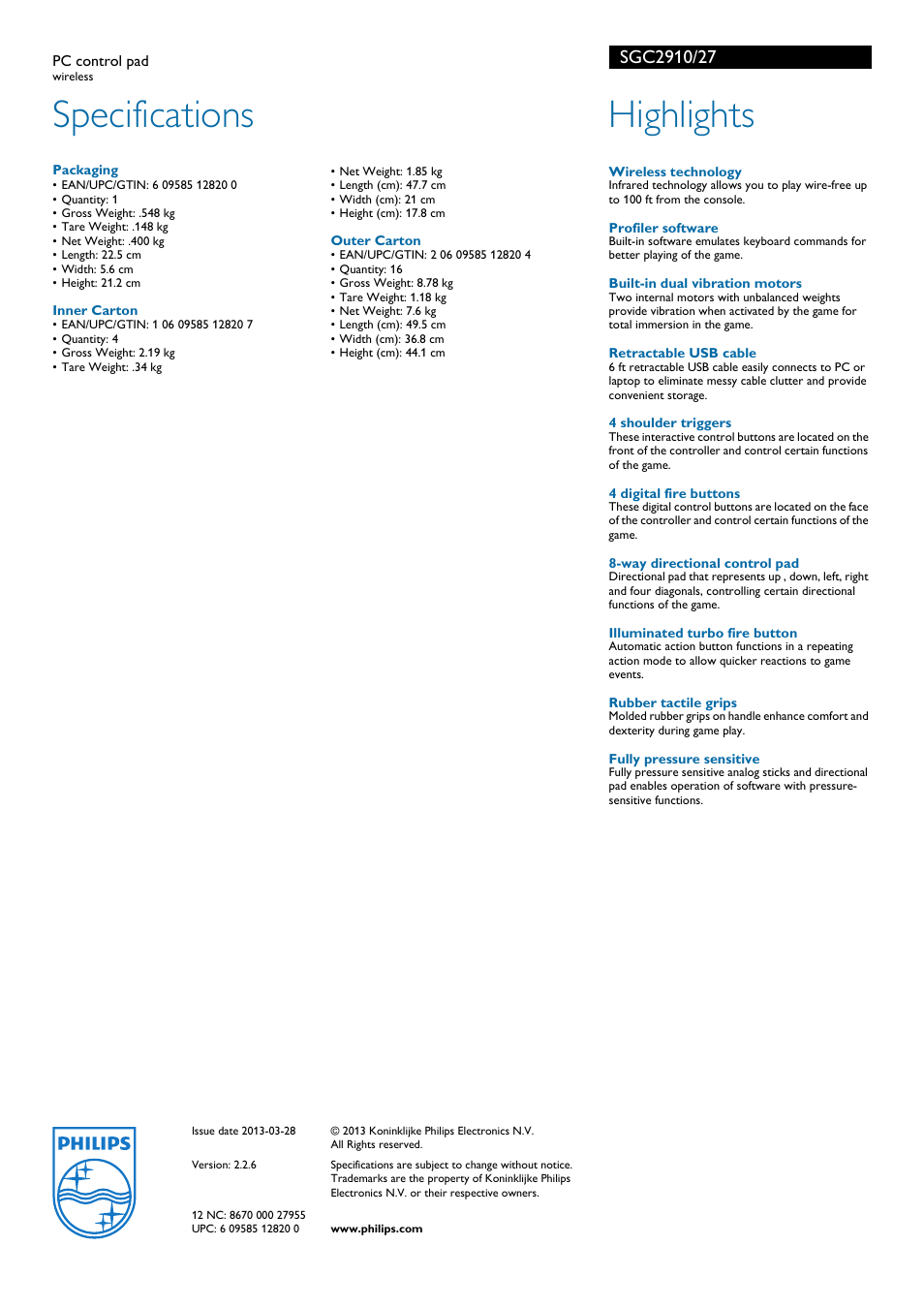 Specifications, Highlights | Philips SGC2910 User Manual | Page 2 / 2