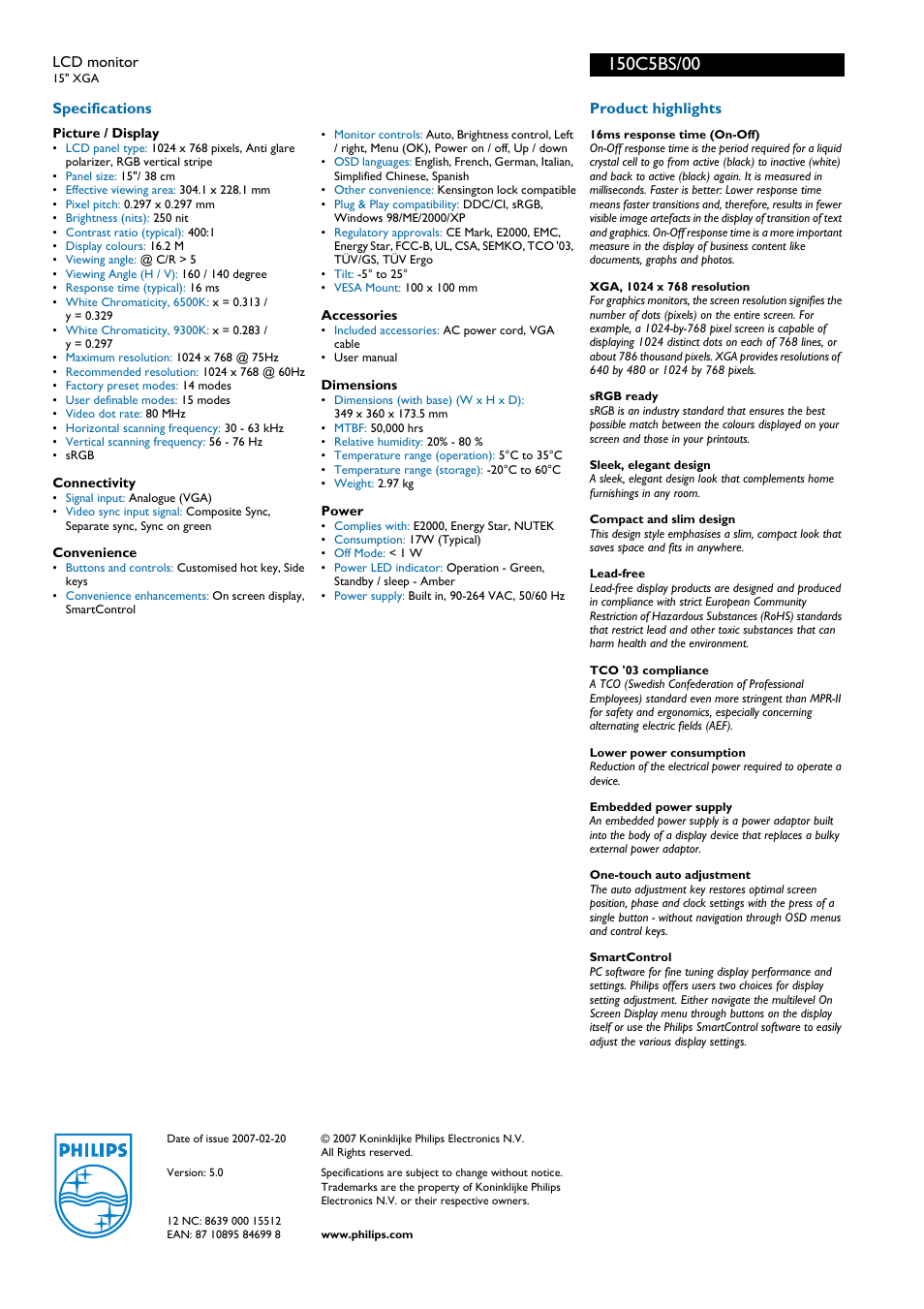 Philips 150C5BS User Manual | Page 2 / 2