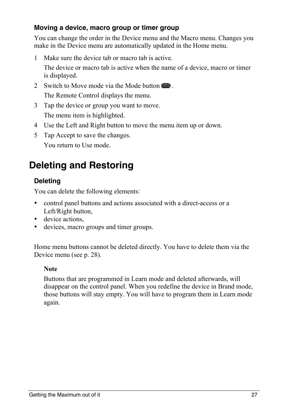 Deleting and restoring | Philips intelligent remote control User Manual | Page 29 / 52