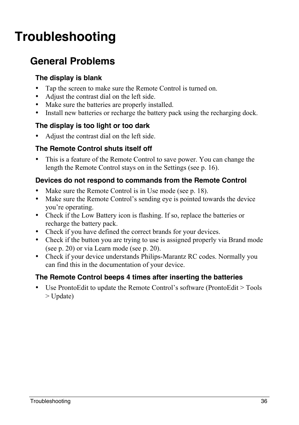 Troubleshooting, General problems | Philips intelligent remote control User Manual | Page 38 / 52