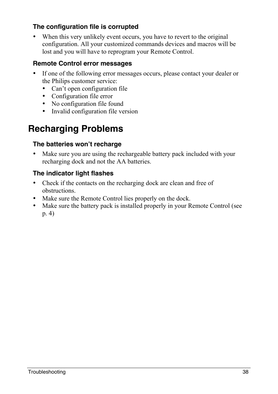 Recharging problems | Philips intelligent remote control User Manual | Page 40 / 52