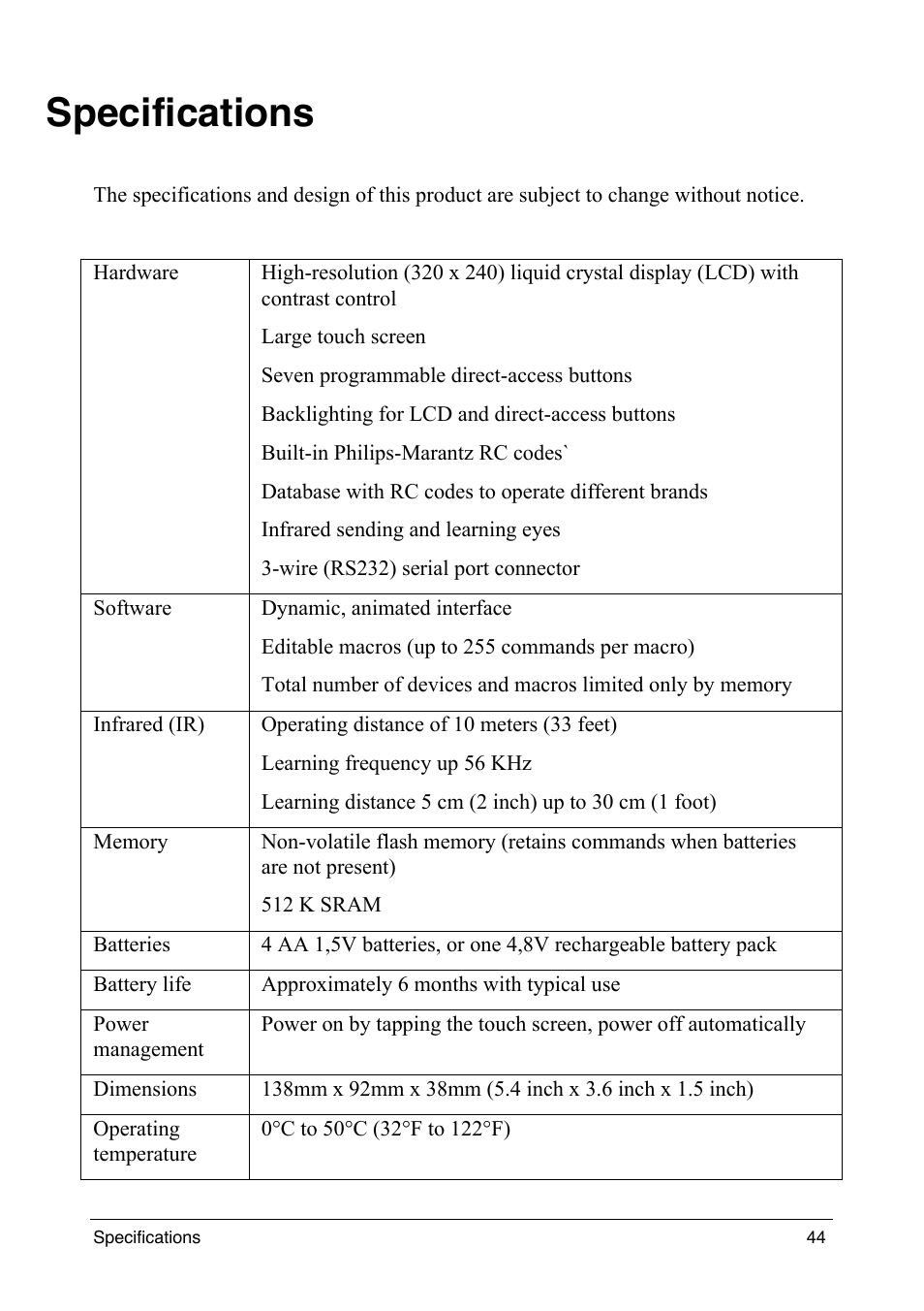 Specifications | Philips intelligent remote control User Manual | Page 46 / 52