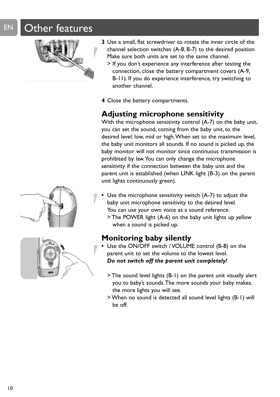 Other features, Adjusting microphone sensitivity, Monitoring baby silently | Philips SC464 User Manual | Page 10 / 160