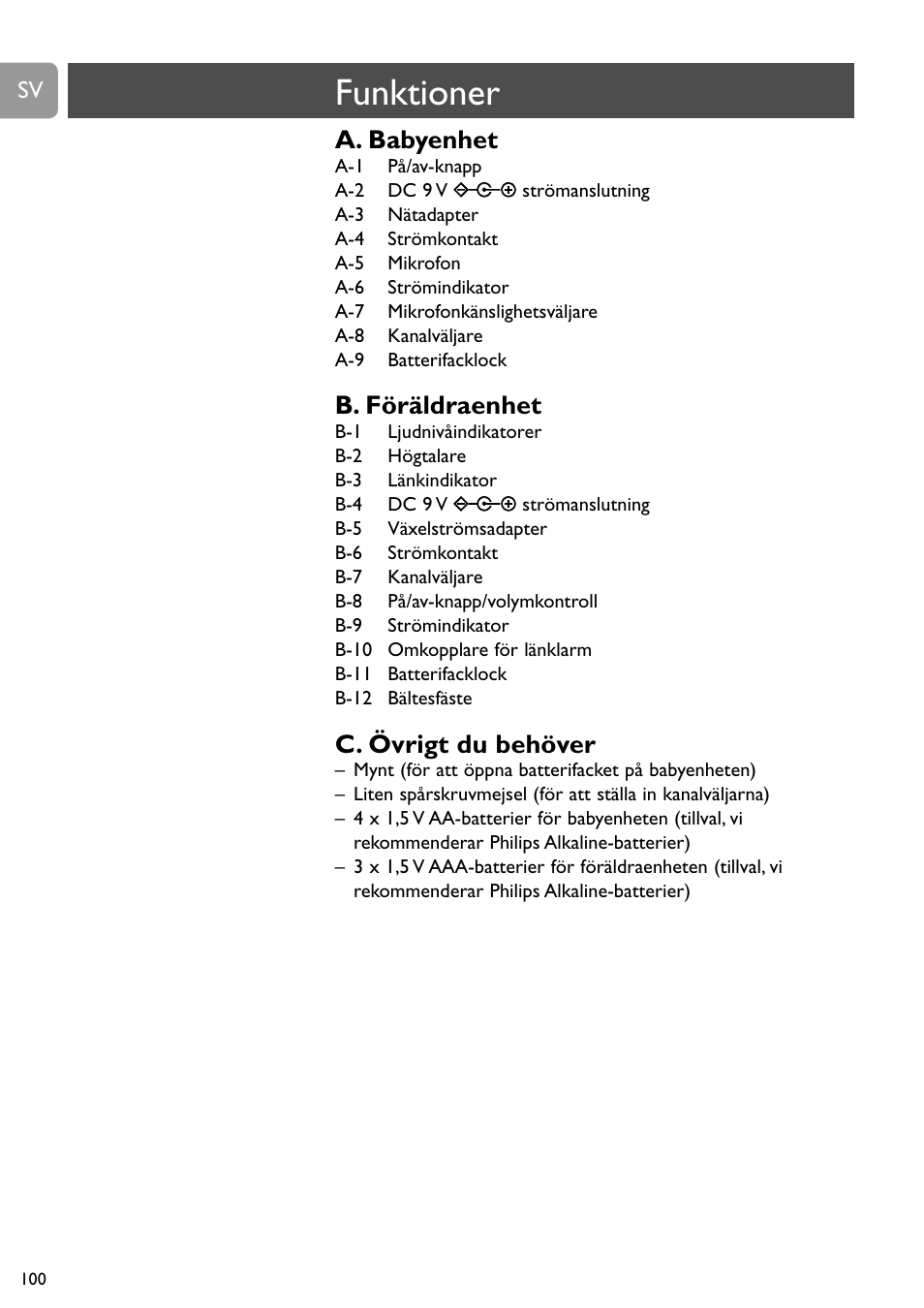 Funktioner, A. babyenhet, B. föräldraenhet | C. övrigt du behöver | Philips SC464 User Manual | Page 100 / 160