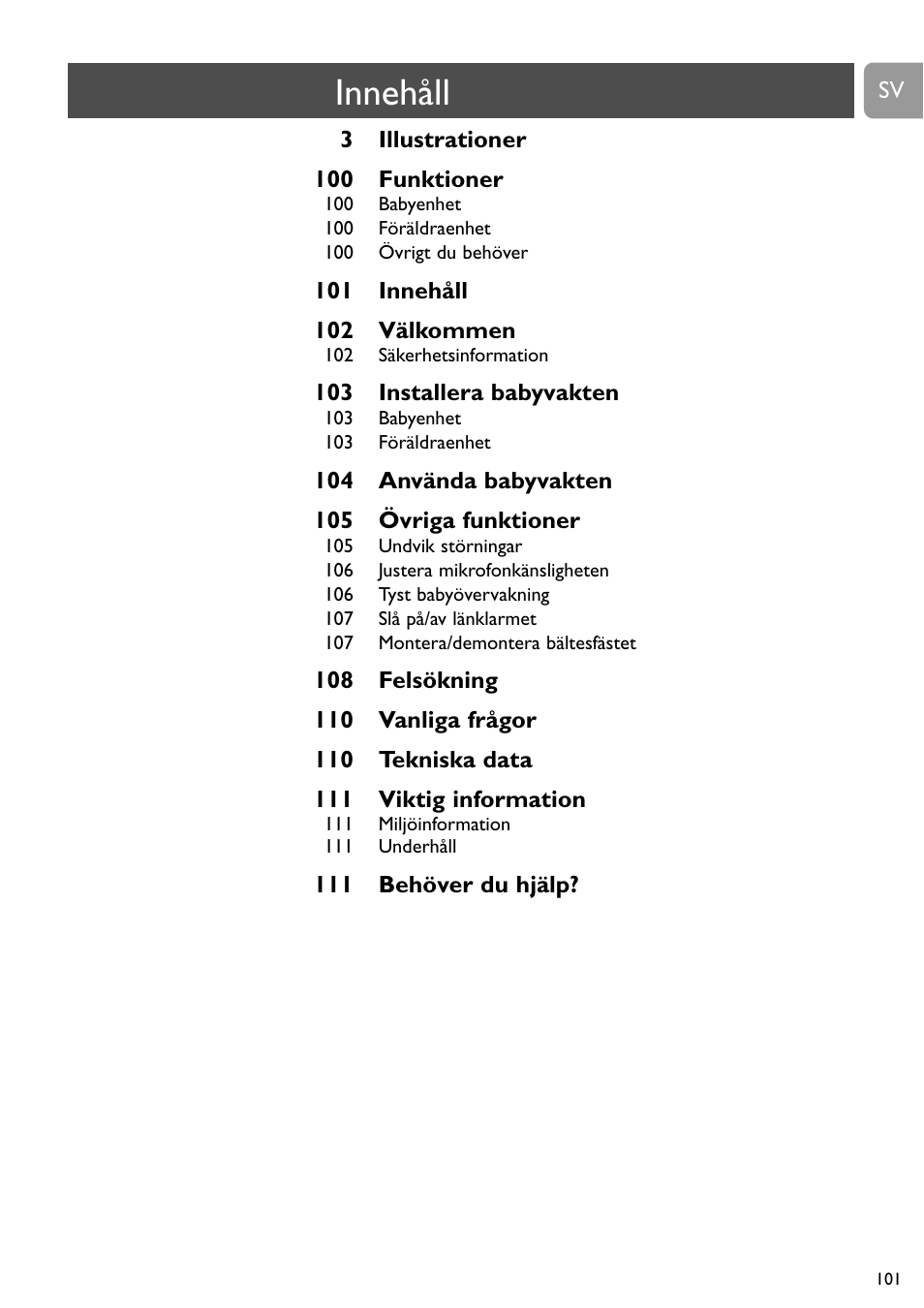 Innehåll | Philips SC464 User Manual | Page 101 / 160