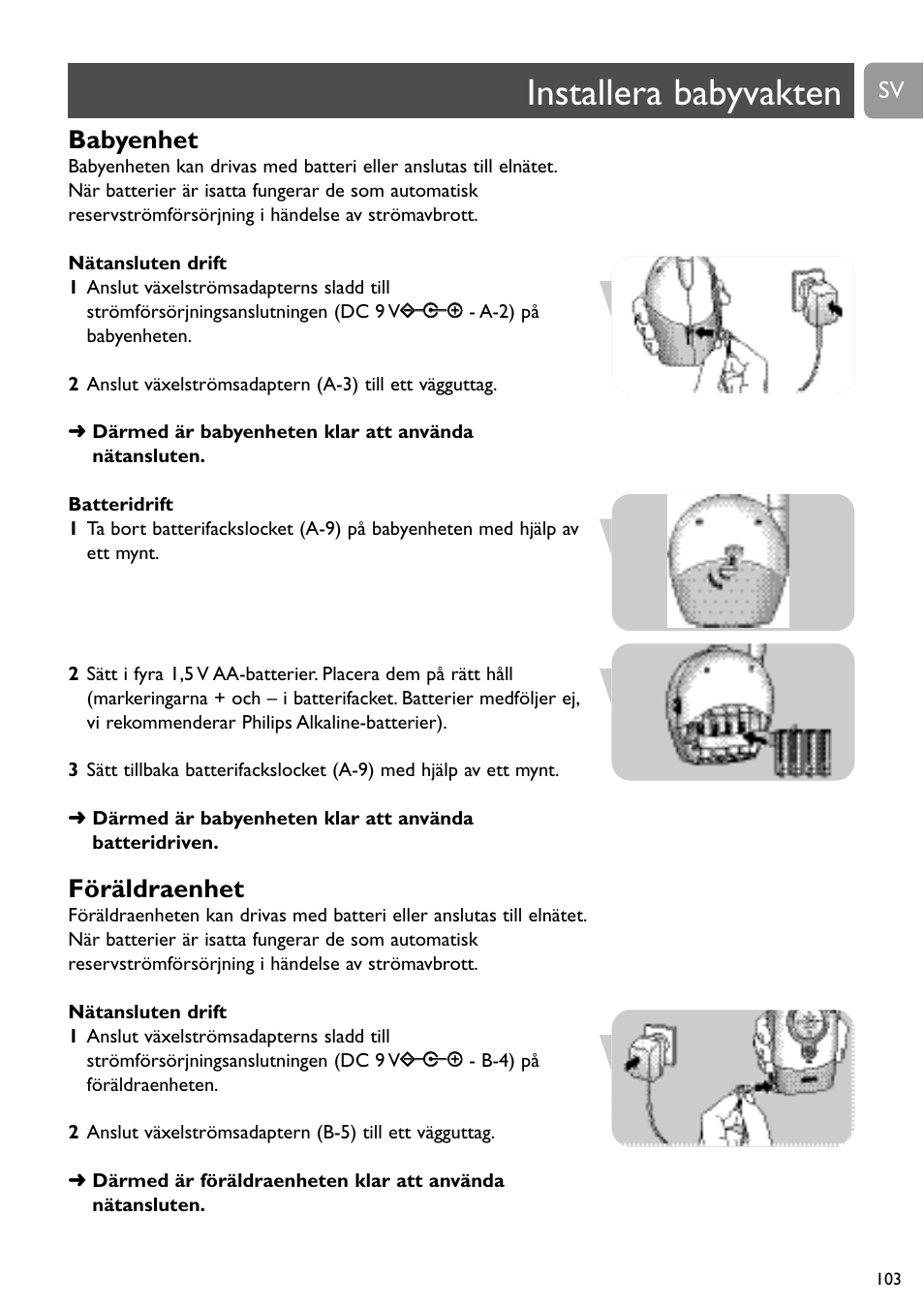 Installera babyvakten, Babyenhet, Föräldraenhet | Philips SC464 User Manual | Page 103 / 160