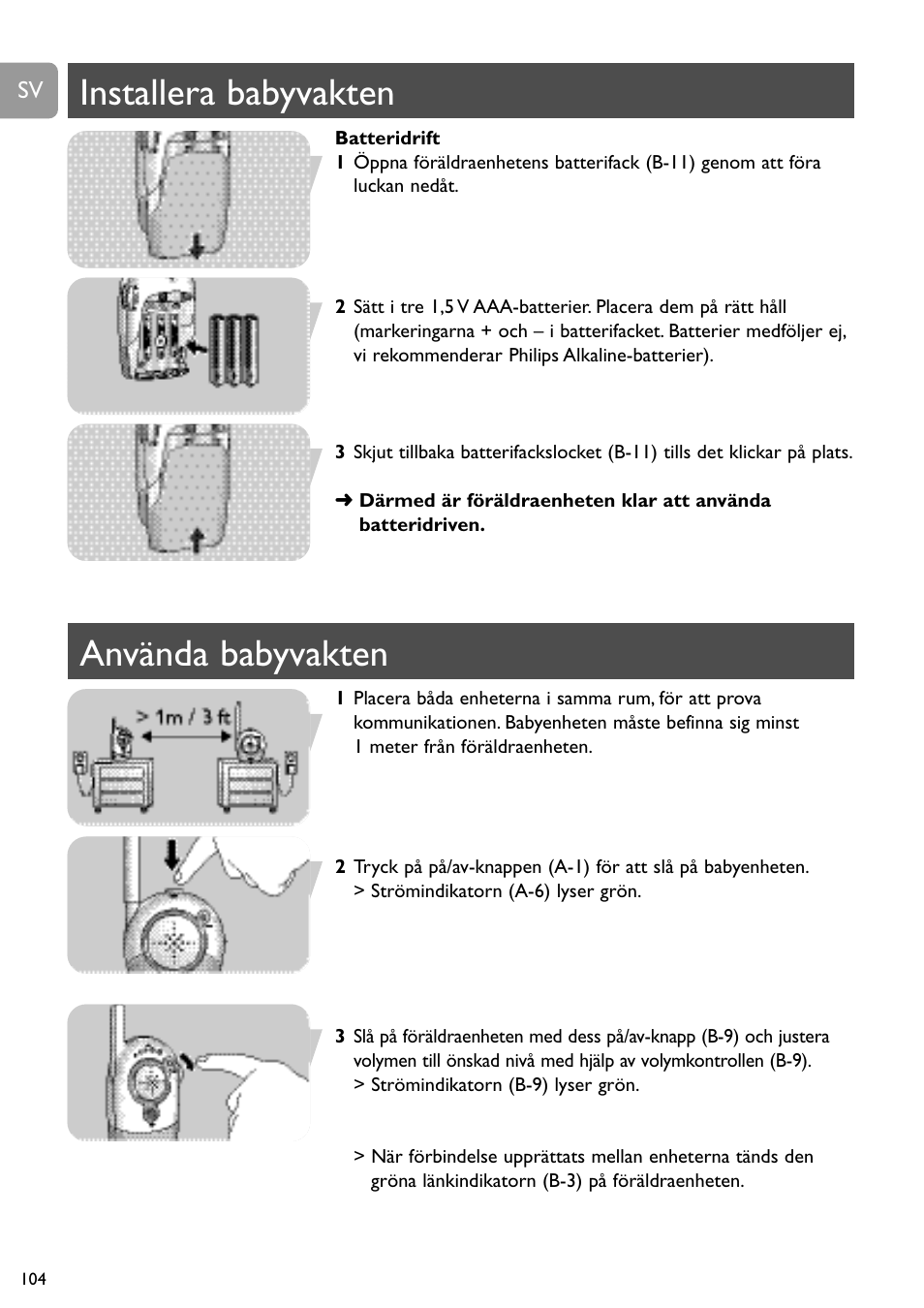 Installera babyvakten, Använda babyvakten | Philips SC464 User Manual | Page 104 / 160