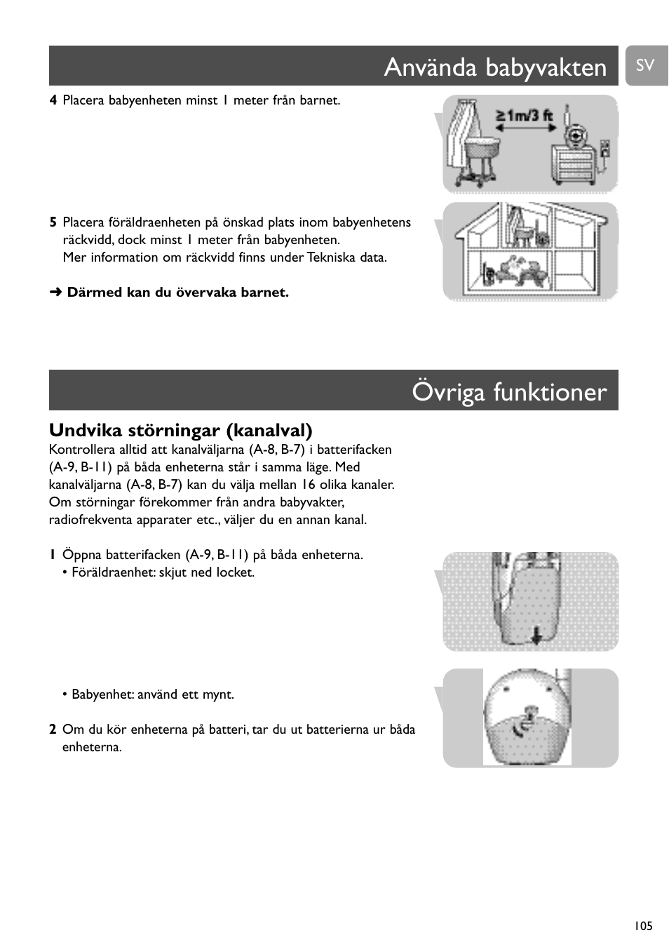 Använda babyvakten övriga funktioner, Undvika störningar (kanalval) | Philips SC464 User Manual | Page 105 / 160