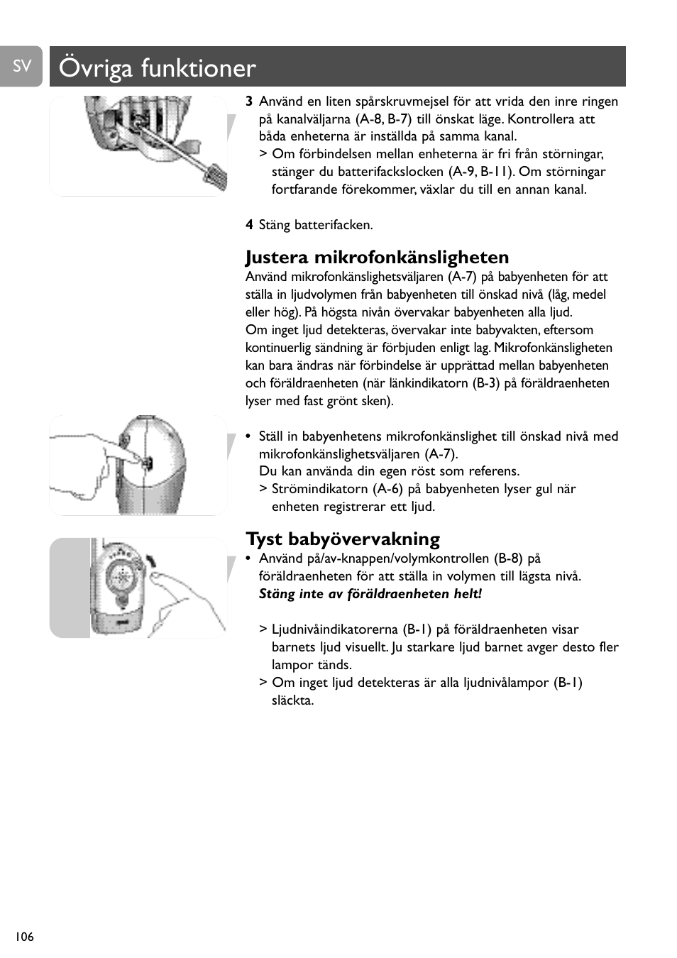 Övriga funktioner, Justera mikrofonkänsligheten, Tyst babyövervakning | Philips SC464 User Manual | Page 106 / 160