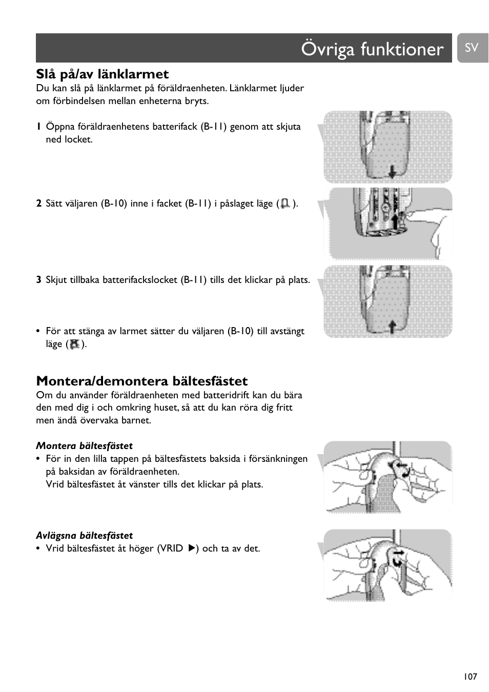 Övriga funktioner, Slå på/av länklarmet, Montera/demontera bältesfästet | Philips SC464 User Manual | Page 107 / 160