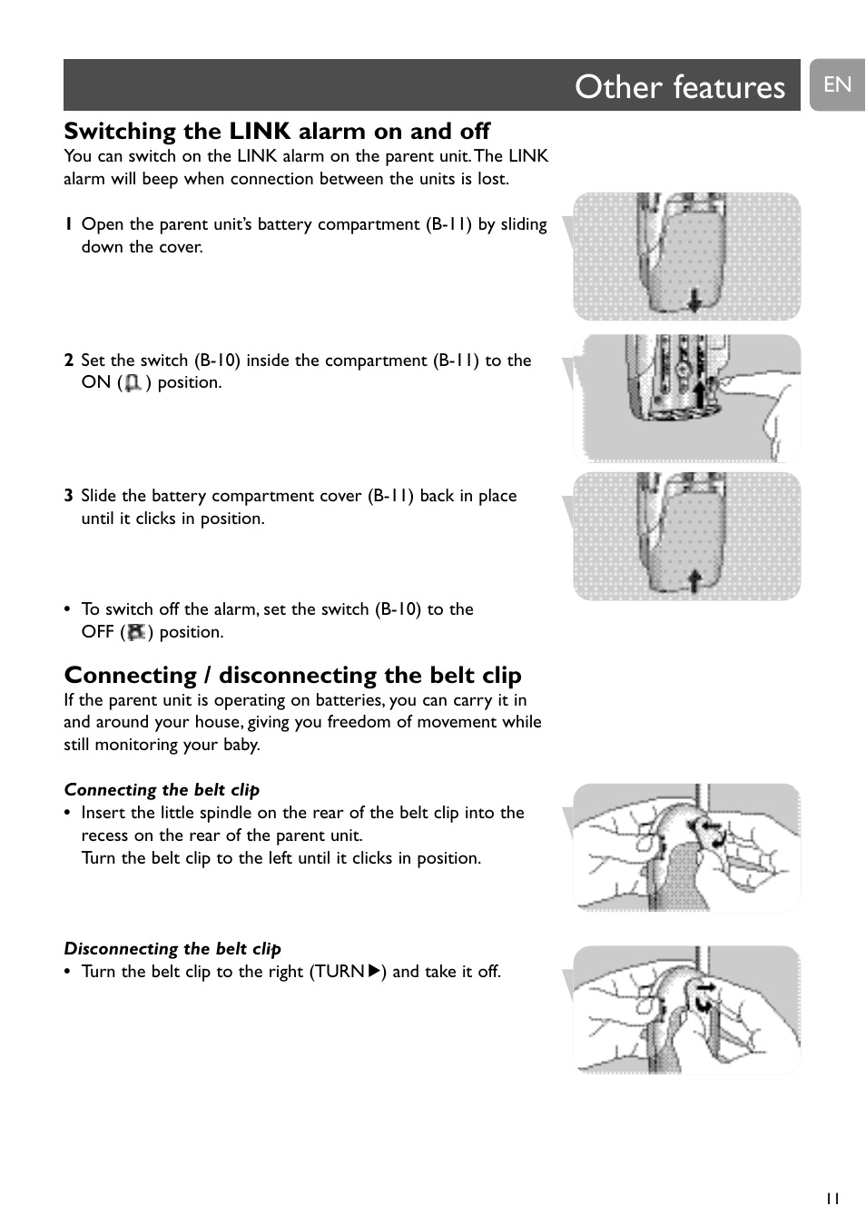 Other features, Switching the link alarm on and off, Connecting / disconnecting the belt clip | Philips SC464 User Manual | Page 11 / 160