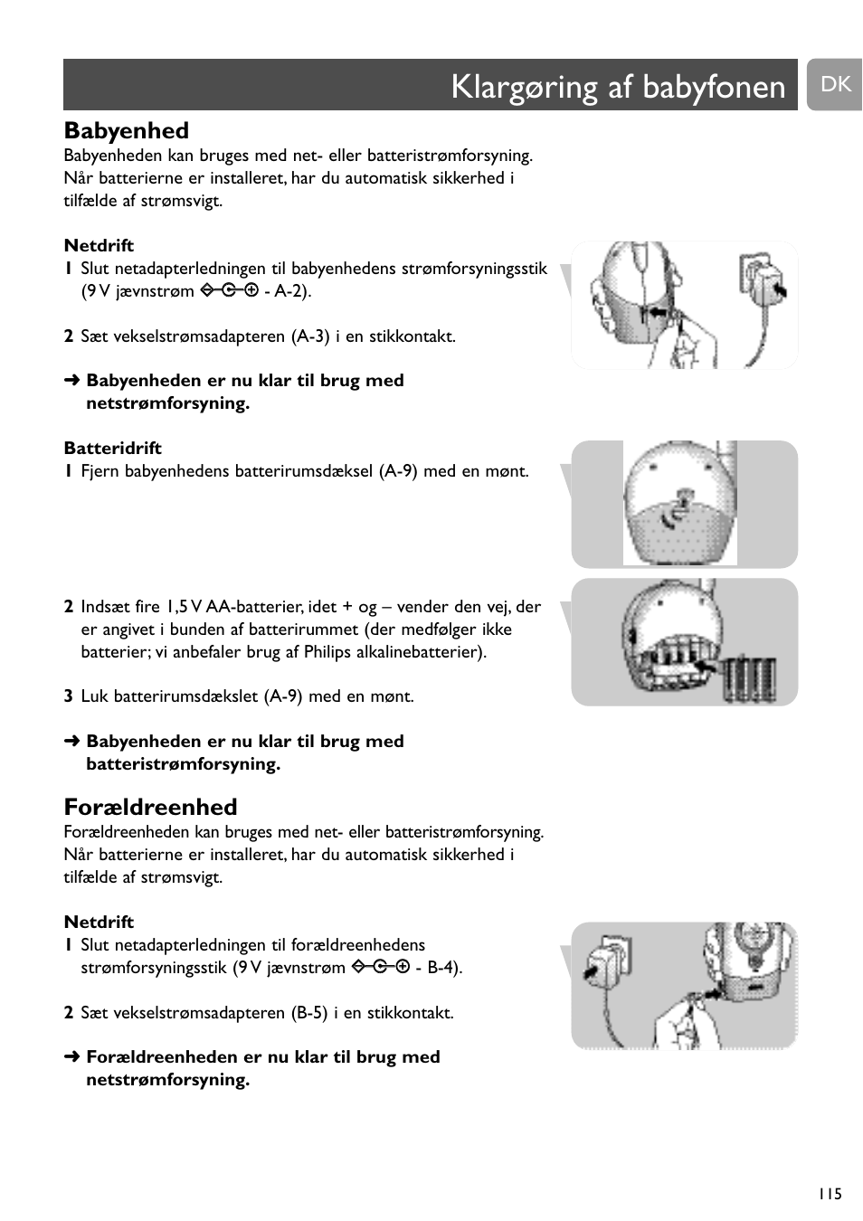 Klargøring af babyfonen, Babyenhed, Forældreenhed | Philips SC464 User Manual | Page 115 / 160