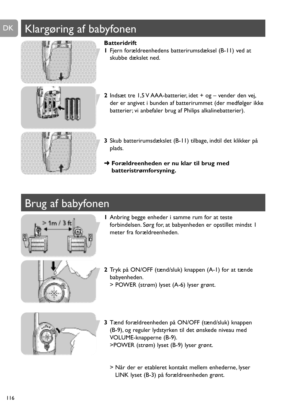 Klargøring af babyfonen, Brug af babyfonen | Philips SC464 User Manual | Page 116 / 160