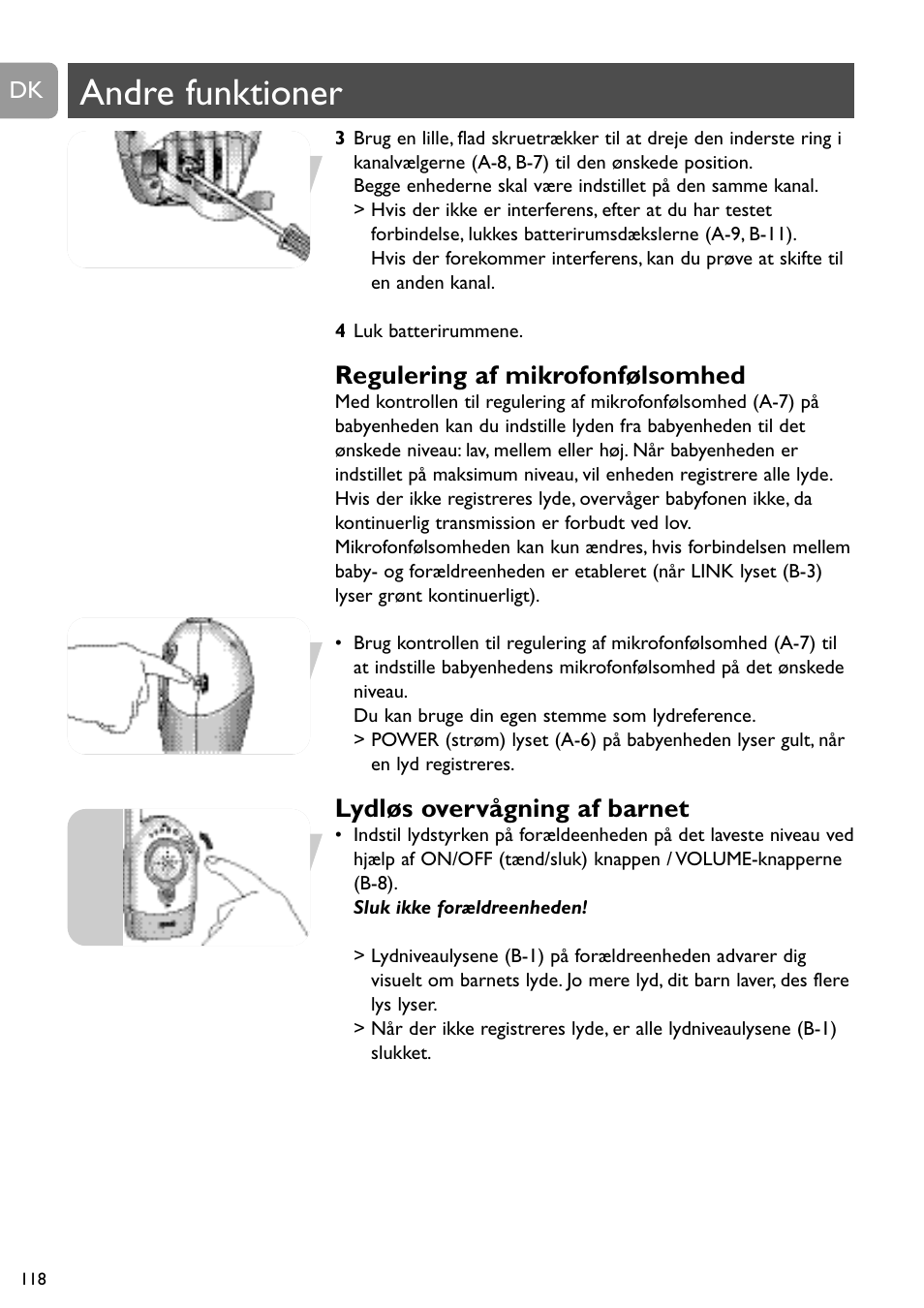 Andre funktioner, Regulering af mikrofonfølsomhed, Lydløs overvågning af barnet | Philips SC464 User Manual | Page 118 / 160