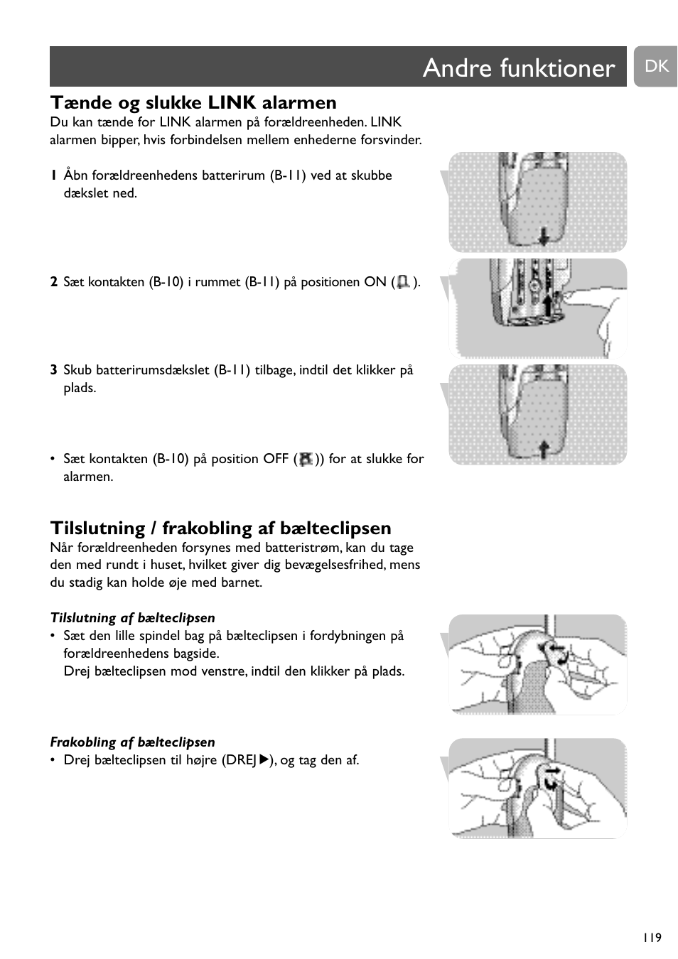 Andre funktioner, Tænde og slukke link alarmen, Tilslutning / frakobling af bælteclipsen | Philips SC464 User Manual | Page 119 / 160