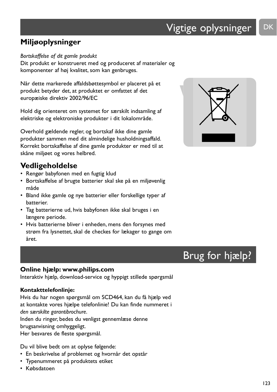 Vigtige oplysninger, Brug for hjælp, Miljøoplysninger | Vedligeholdelse | Philips SC464 User Manual | Page 123 / 160