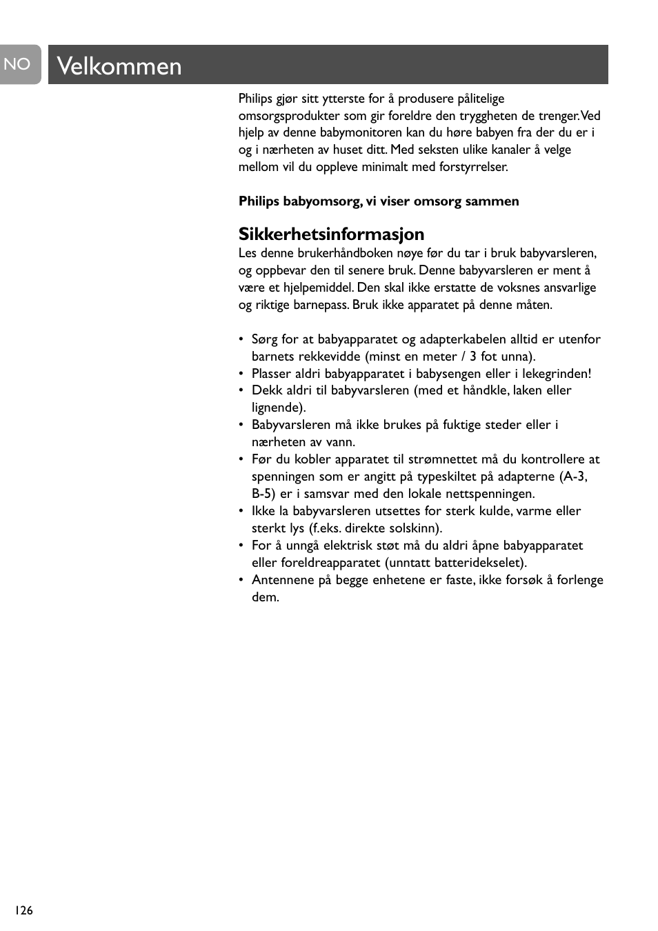 Velkommen, Sikkerhetsinformasjon | Philips SC464 User Manual | Page 126 / 160