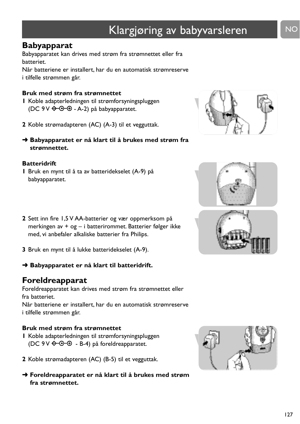 Klargjøring av babyvarsleren, Babyapparat, Foreldreapparat | Philips SC464 User Manual | Page 127 / 160