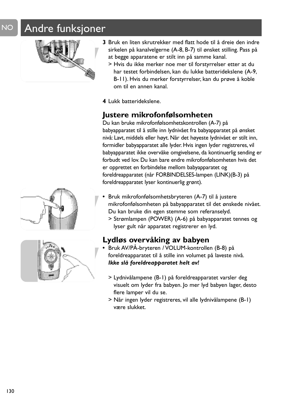 Andre funksjoner, Justere mikrofonfølsomheten, Lydløs overvåking av babyen | Philips SC464 User Manual | Page 130 / 160