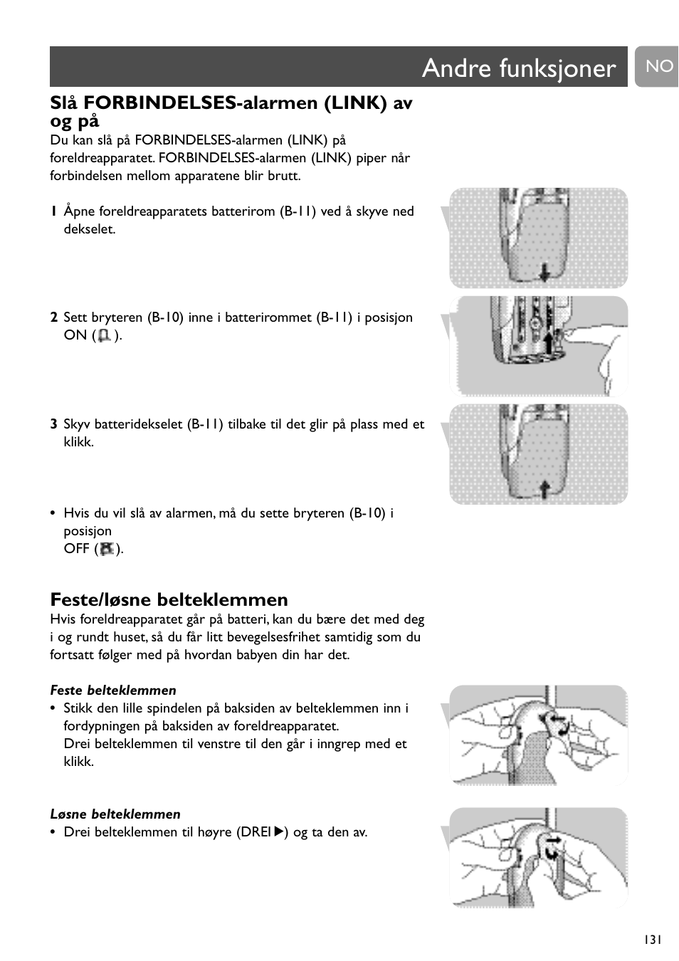 Andre funksjoner, Slå forbindelses-alarmen (link) av og på, Feste/løsne belteklemmen | Philips SC464 User Manual | Page 131 / 160
