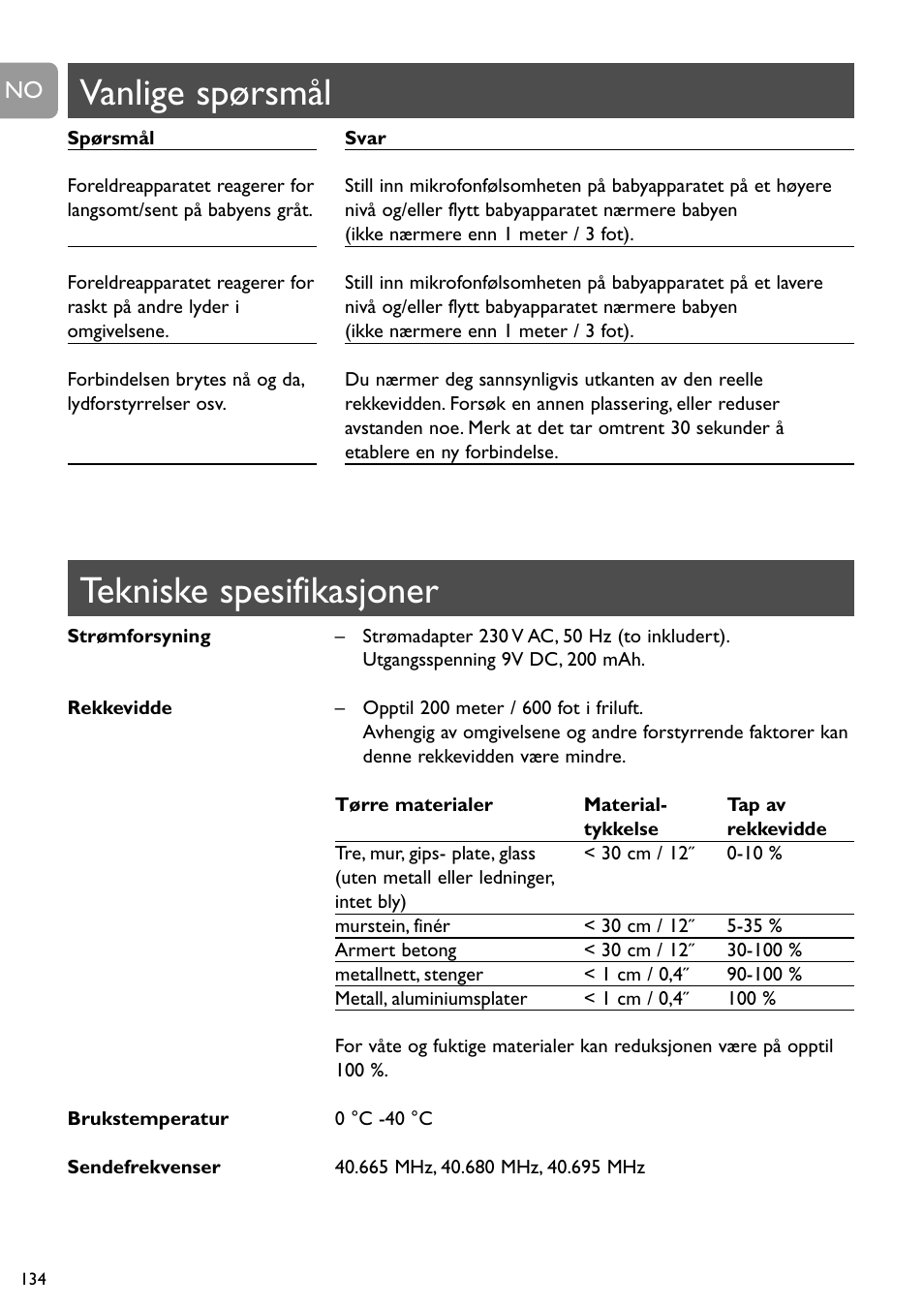 Tekniske spesifikasjoner, Vanlige spørsmål | Philips SC464 User Manual | Page 134 / 160