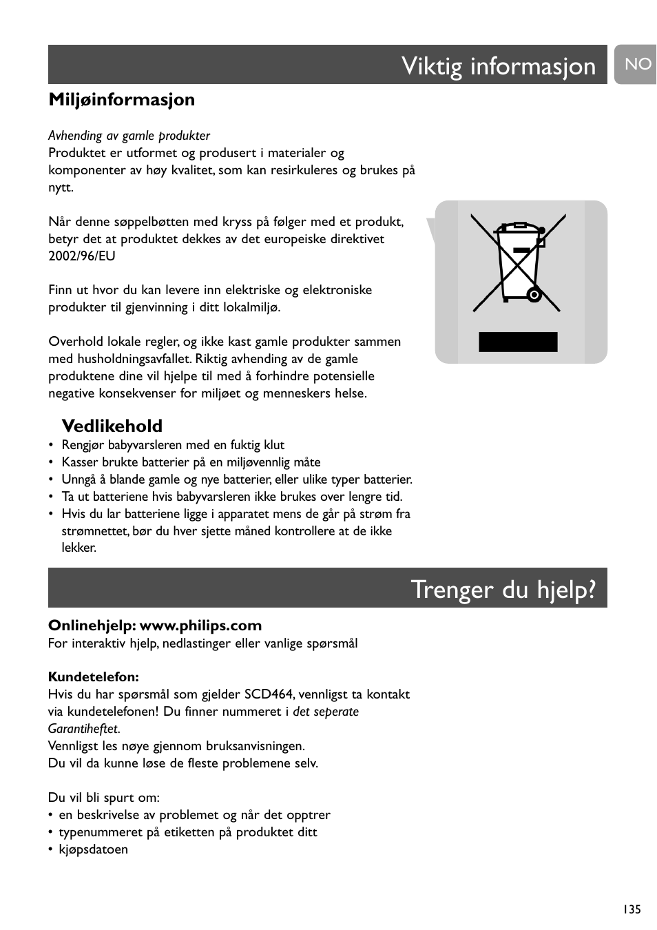 Viktig informasjon, Trenger du hjelp, Miljøinformasjon | Vedlikehold | Philips SC464 User Manual | Page 135 / 160