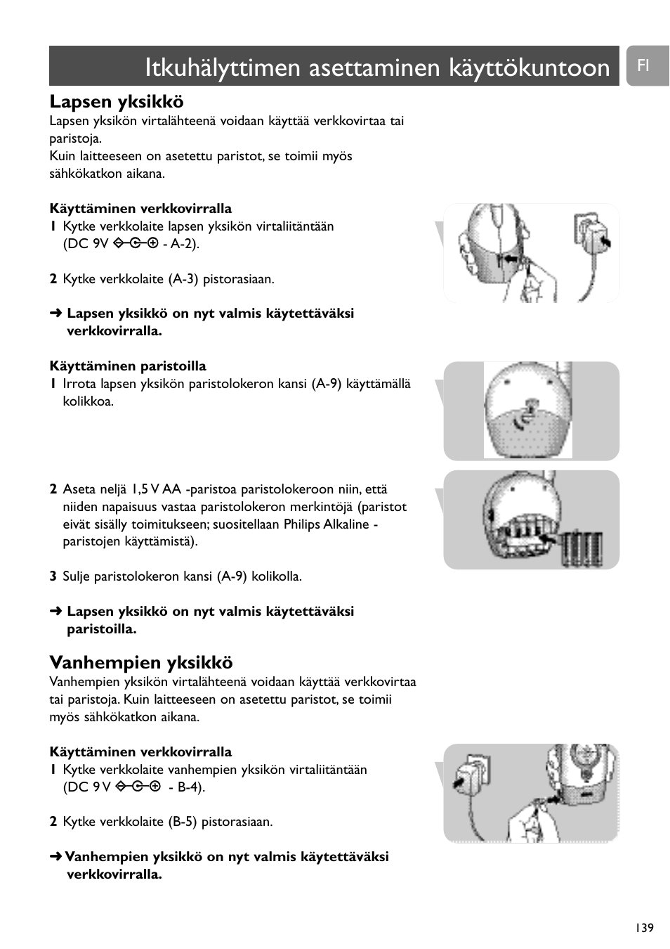 Itkuhälyttimen asettaminen käyttökuntoon, Lapsen yksikkö, Vanhempien yksikkö | Philips SC464 User Manual | Page 139 / 160