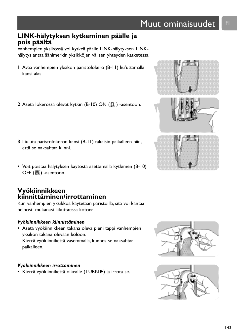 Muut ominaisuudet, Link-hälytyksen kytkeminen päälle ja pois päältä, Vyökiinnikkeen kiinnittäminen/irrottaminen | Philips SC464 User Manual | Page 143 / 160