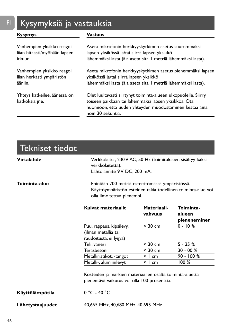 Tekniset tiedot, Kysymyksiä ja vastauksia | Philips SC464 User Manual | Page 146 / 160