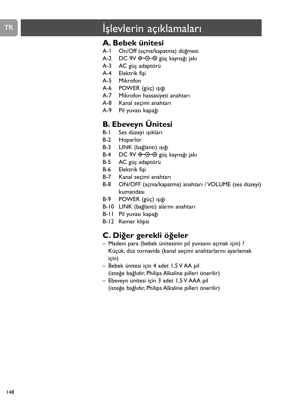 Işlevlerin açıklamaları, A. bebek ünitesi, B. ebeveyn ünitesi | C. diğer gerekli öğeler | Philips SC464 User Manual | Page 148 / 160