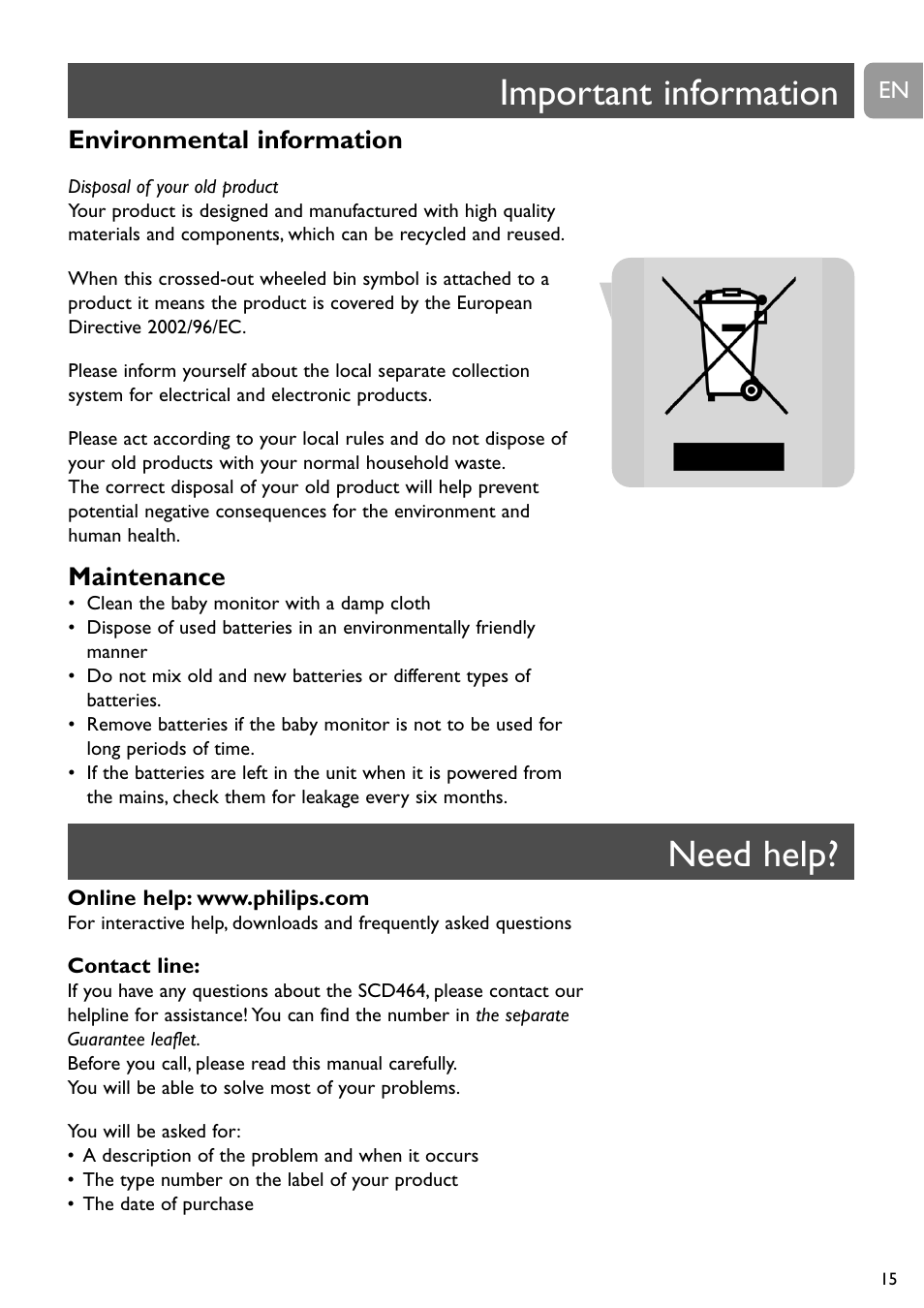 Important information, Need help, Environmental information | Maintenance | Philips SC464 User Manual | Page 15 / 160