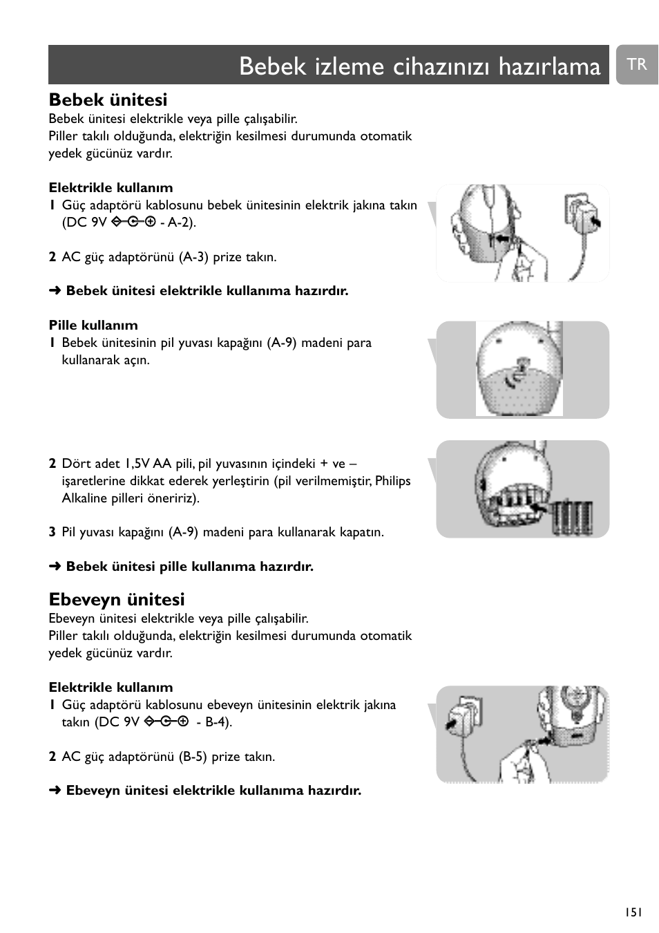 Bebek izleme cihazınızı hazırlama, Bebek ünitesi, Ebeveyn ünitesi | Philips SC464 User Manual | Page 151 / 160