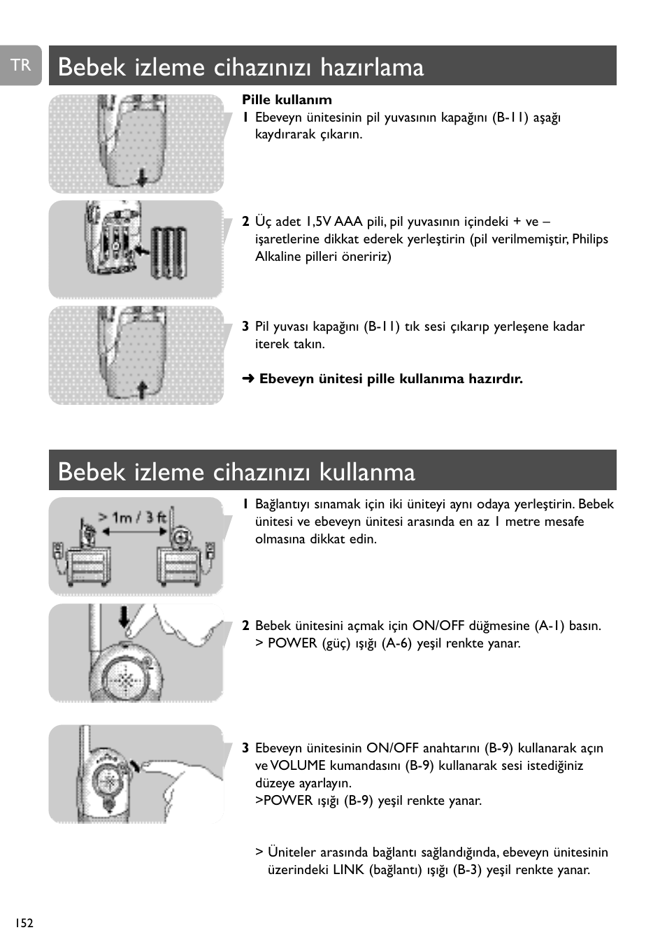 Bebek izleme cihazınızı hazırlama, Bebek izleme cihazınızı kullanma | Philips SC464 User Manual | Page 152 / 160